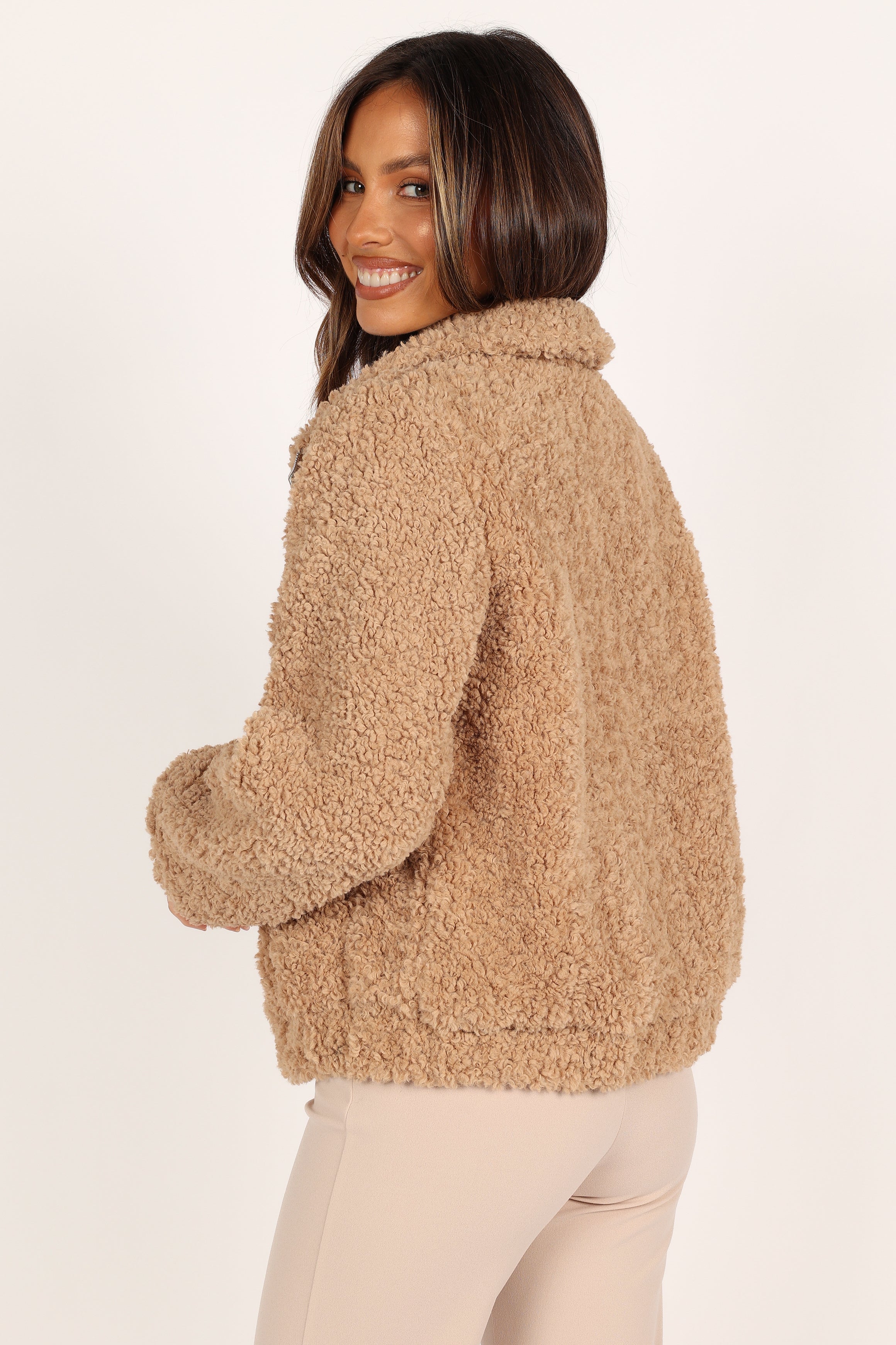 Lucia Zip Front Teddy Jacket - Camel