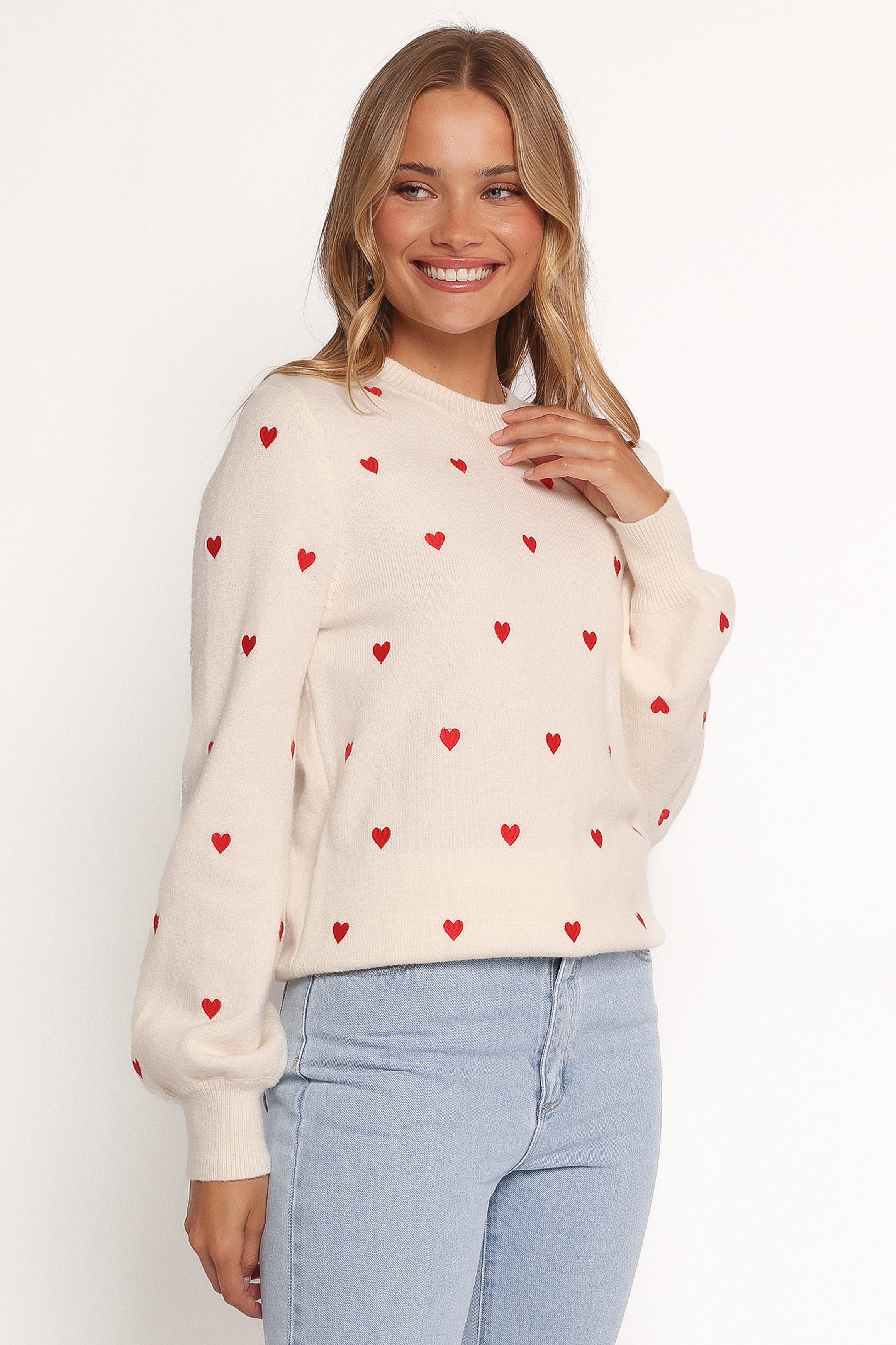 Xadie All Over Mini Heart Sweater - Cream/Red