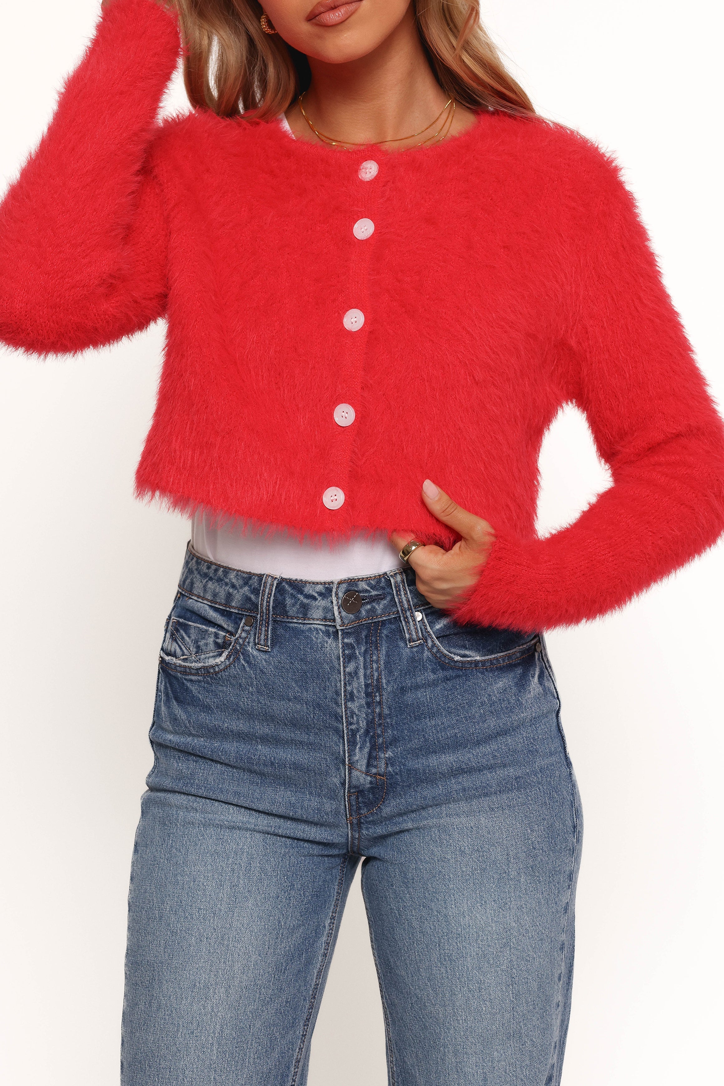 Tavan Crop Button Front Cardigan - Red