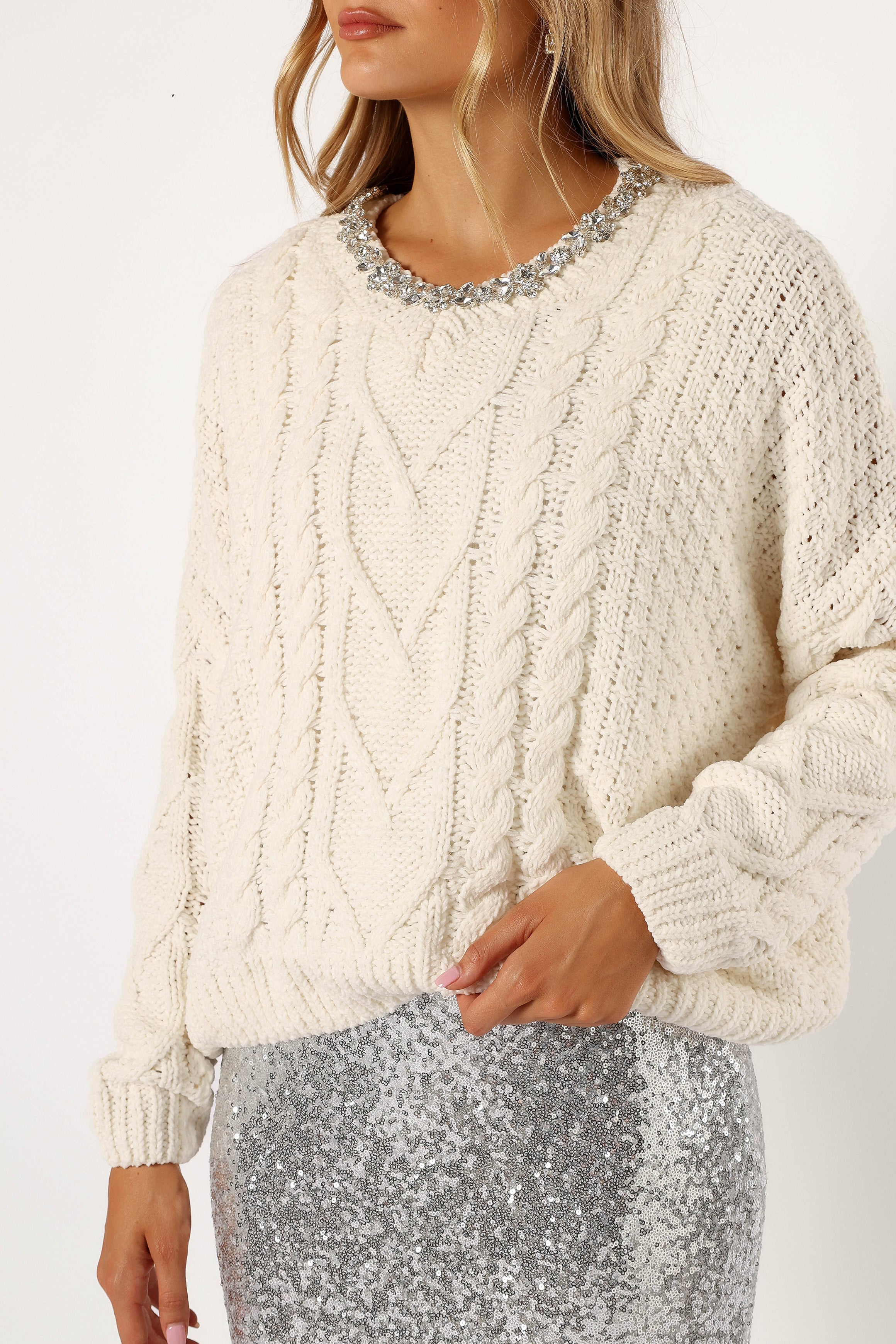 Ryleigh Jewel Embellished Crewneck Knit Sweater - Cream