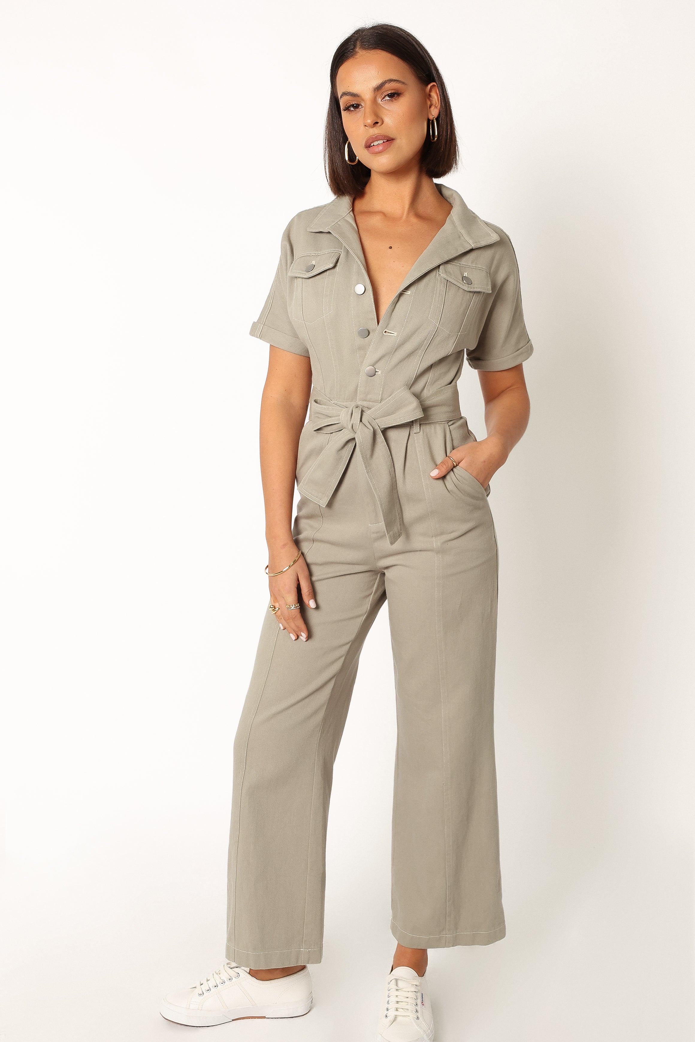 Demi Contrast Stitch Jumpsuit - Olive