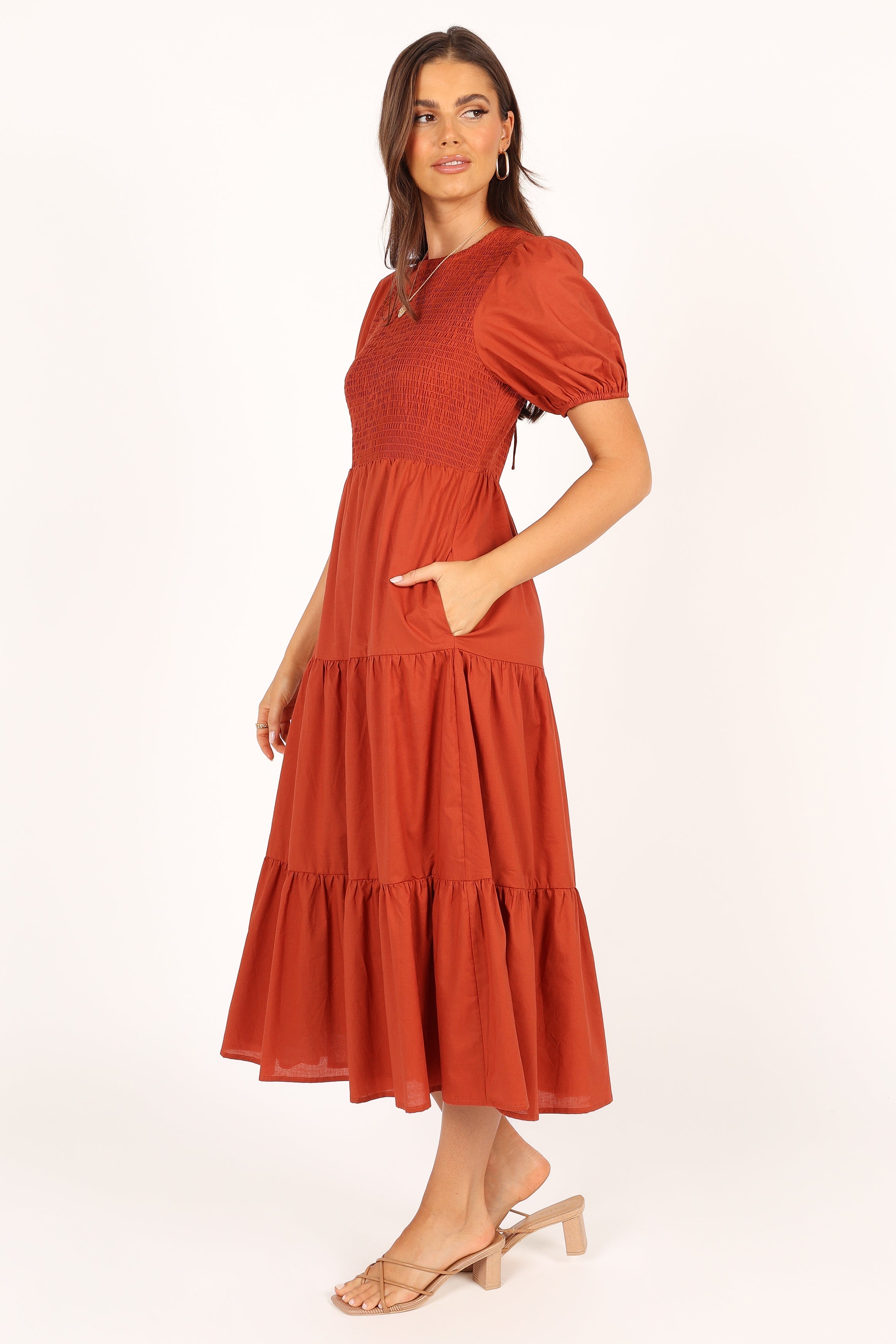 Naura Shirred Tiered Midi Dress - Rust