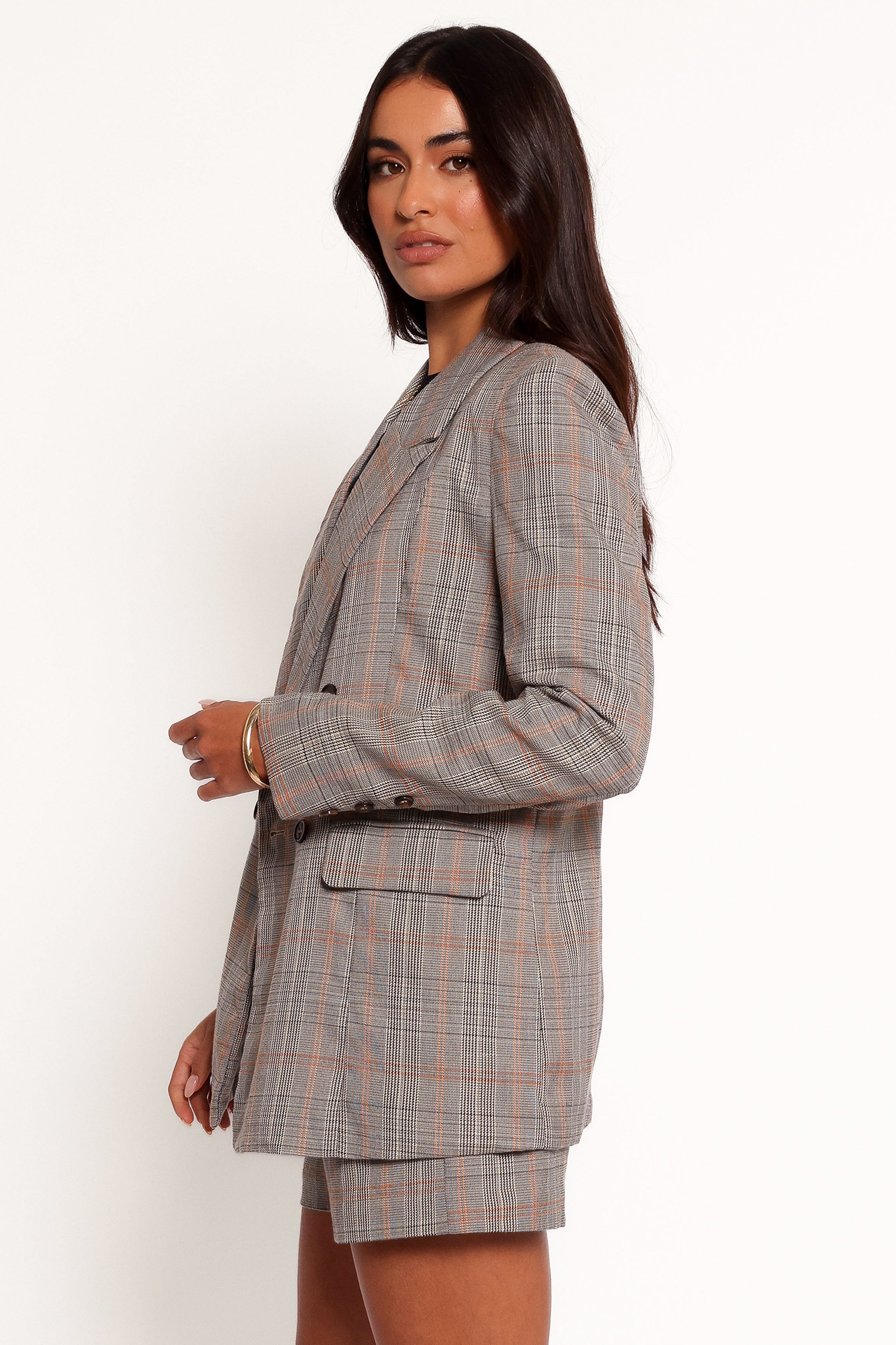 Lesia Double Button Fitted Plaid Blazer - Taupe Multi