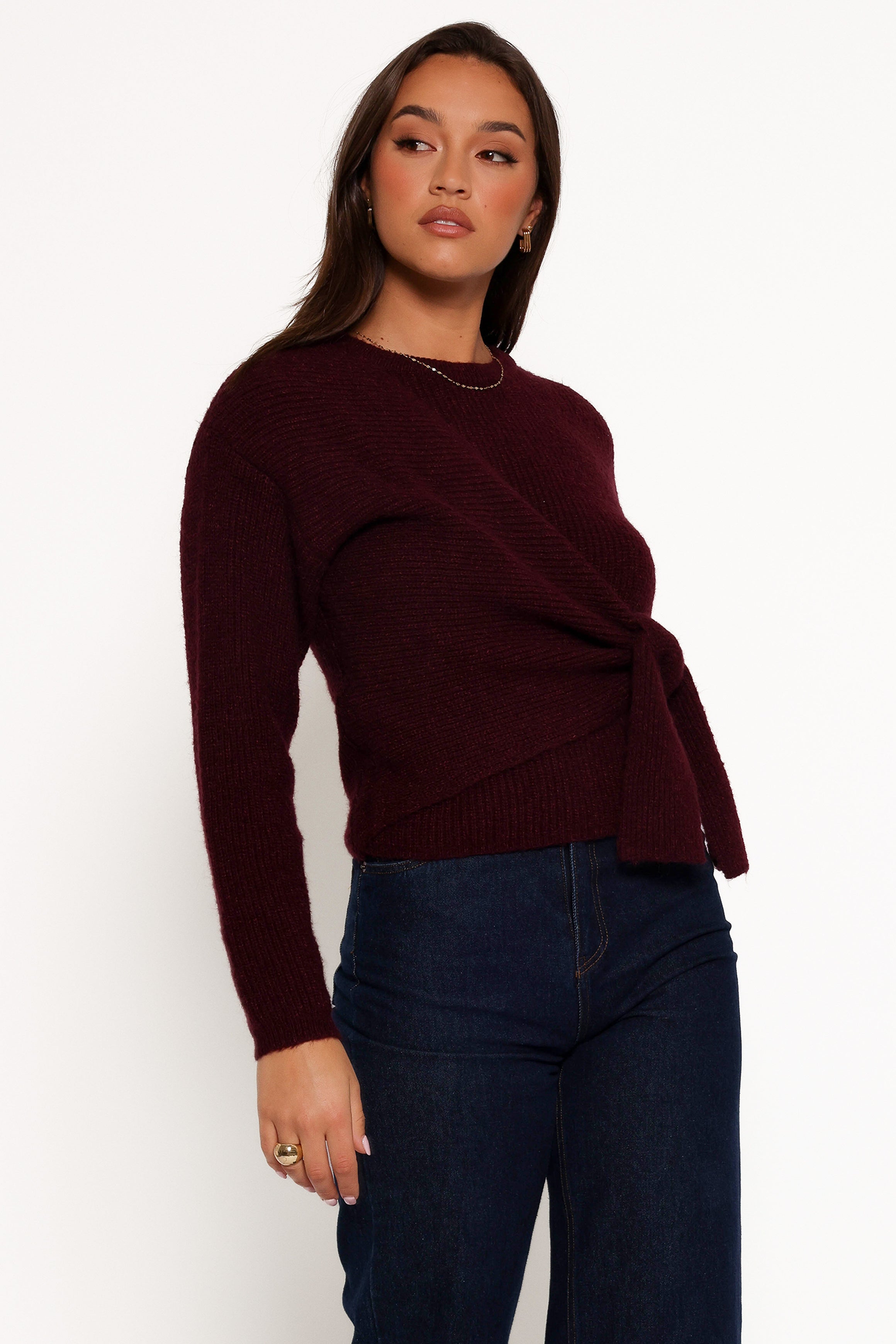 Ettie Wrap Side Tie Knit Sweater - Burgundy