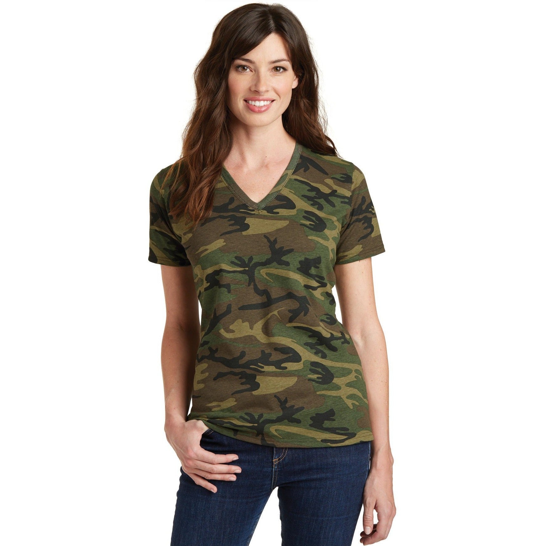 CLOSEOUT - Port & Company Ladies Core Cotton Camo V-Neck Tee