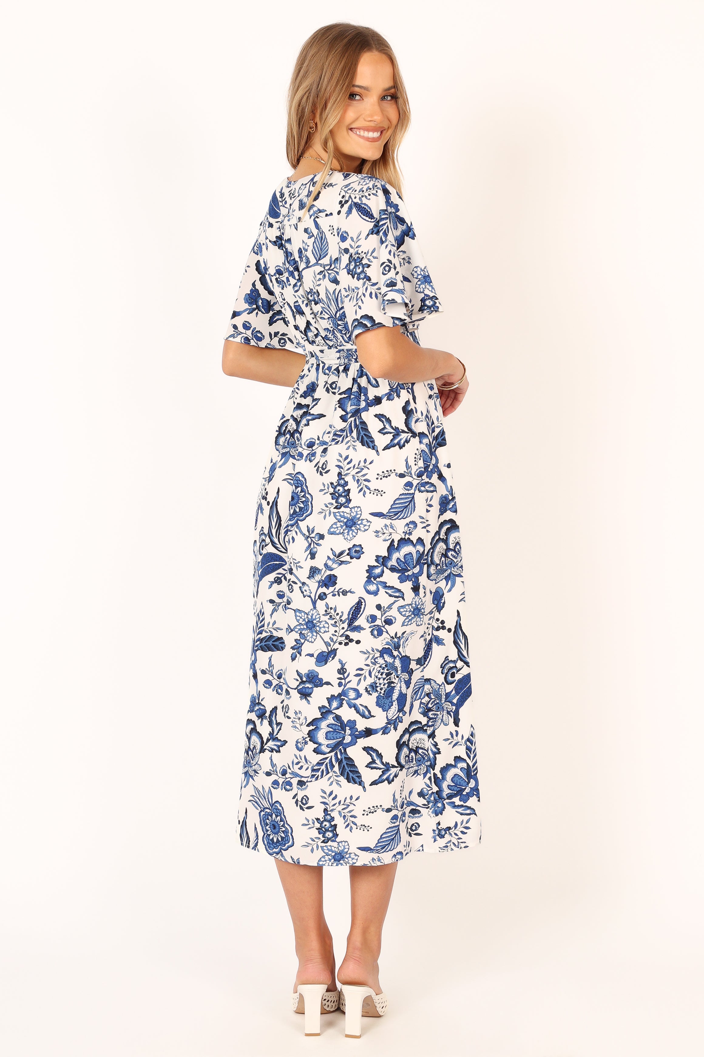 Kaleen Midi Wrap Dress - White Blue