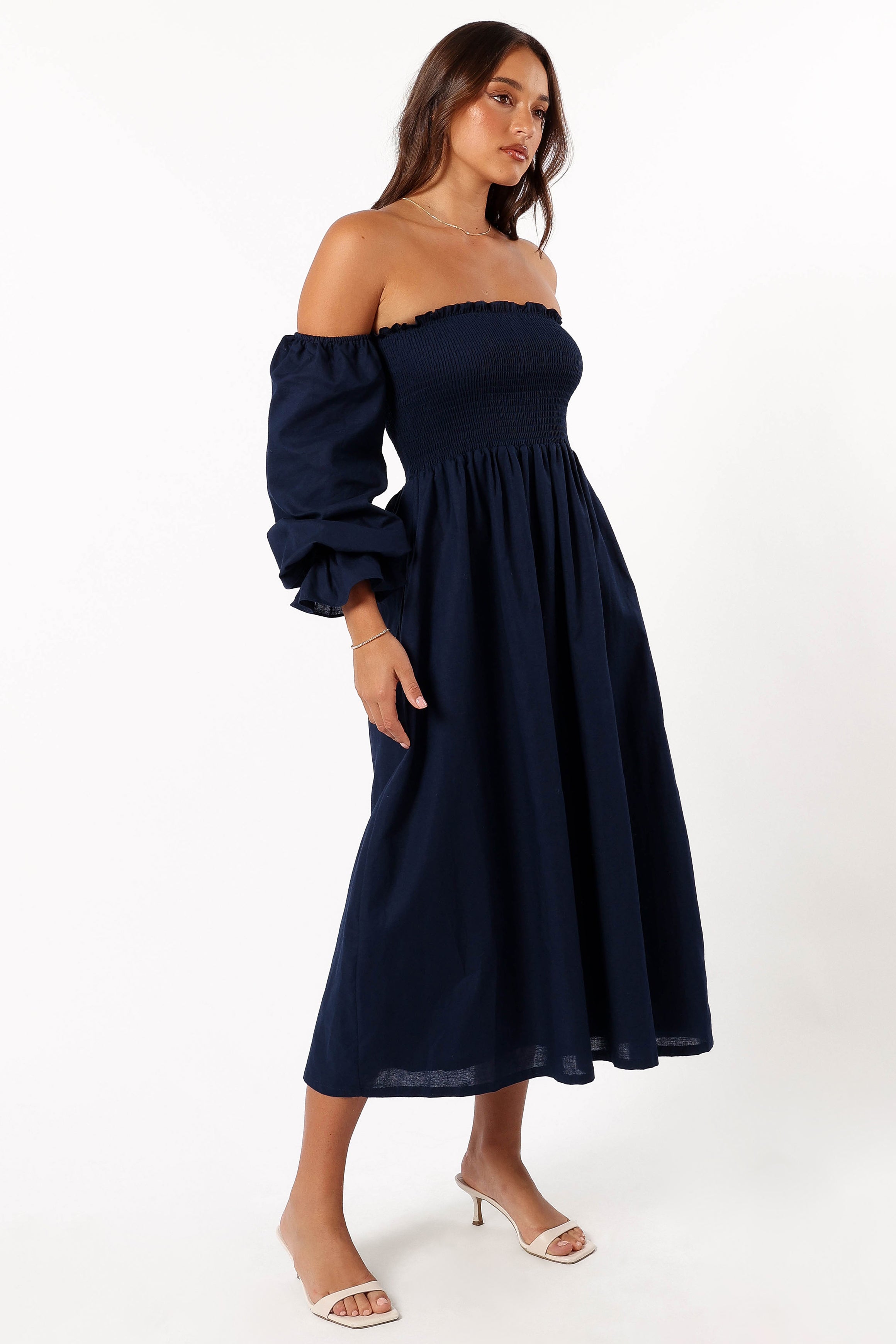 Domenica Shirred Long Sleeve Dress - Navy