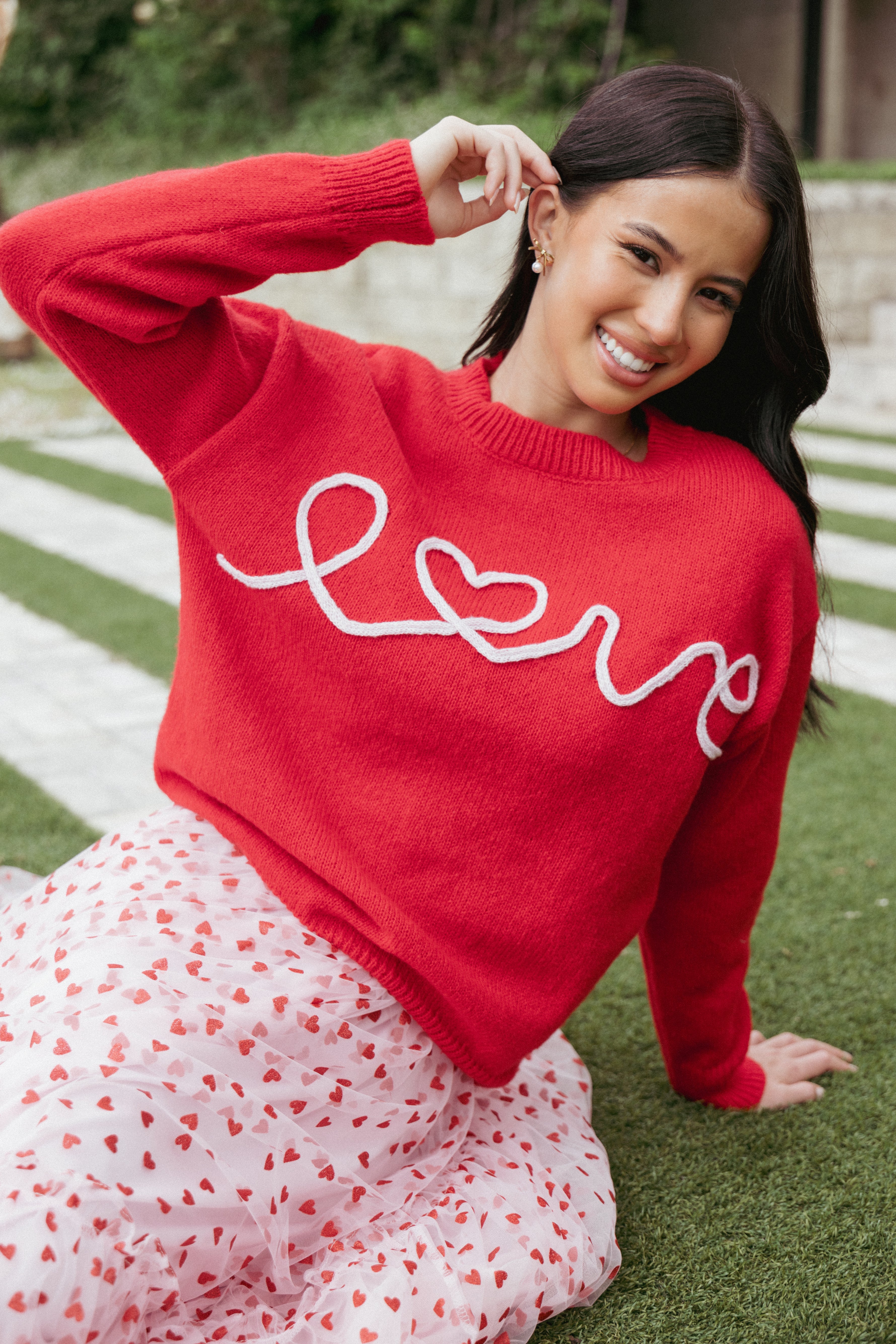 Love Embroidered Knit Sweater - Red