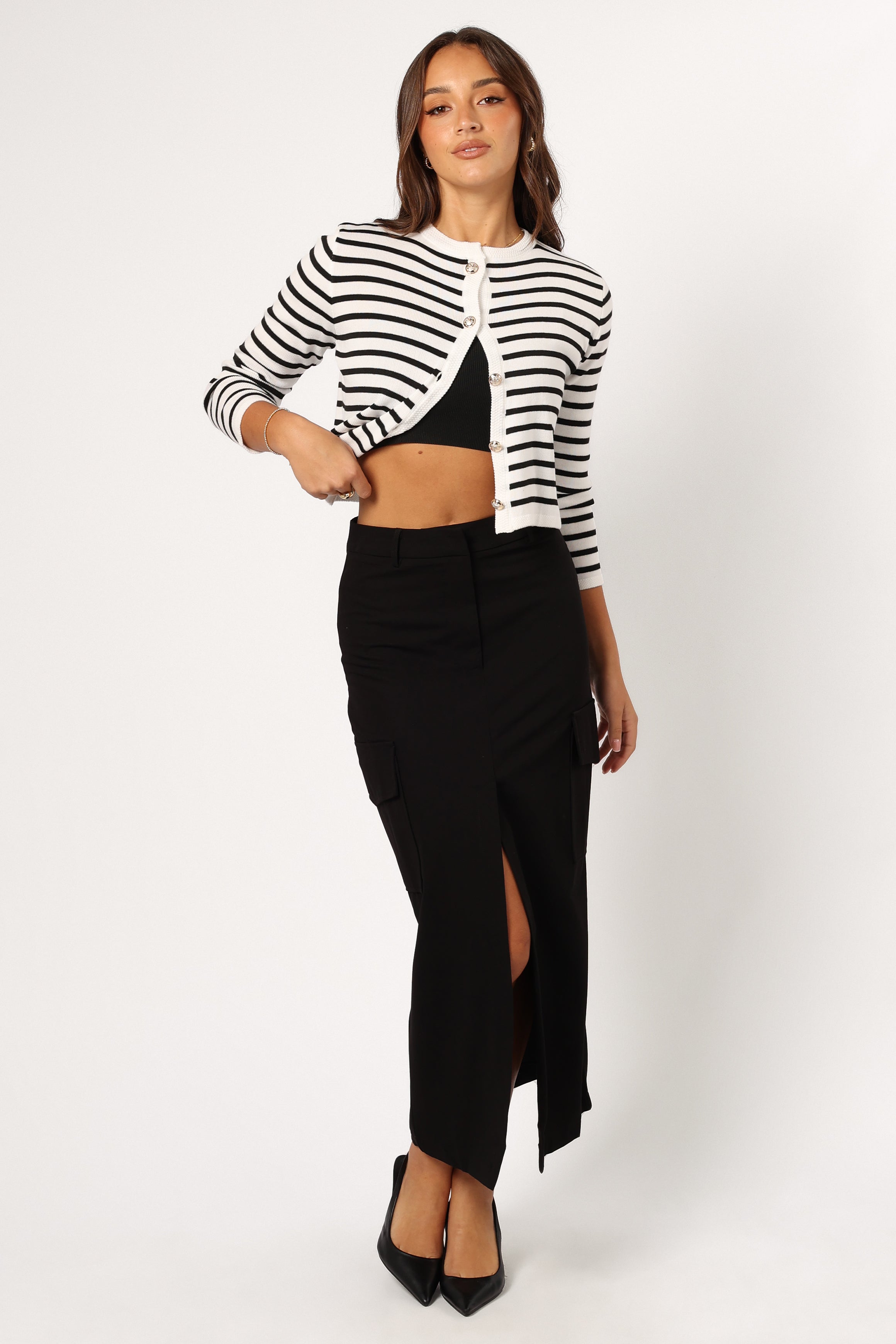 Cynthia Striped Button Front Cardigan - Black/Cream