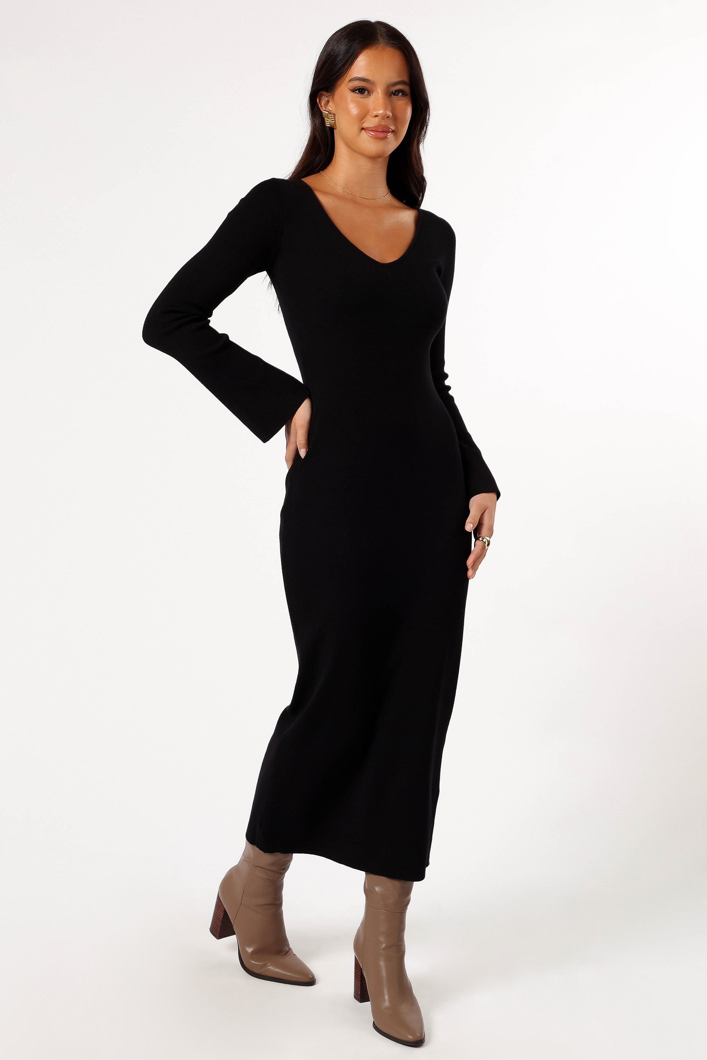 Lina Long Sleeve Midi Dress - Black