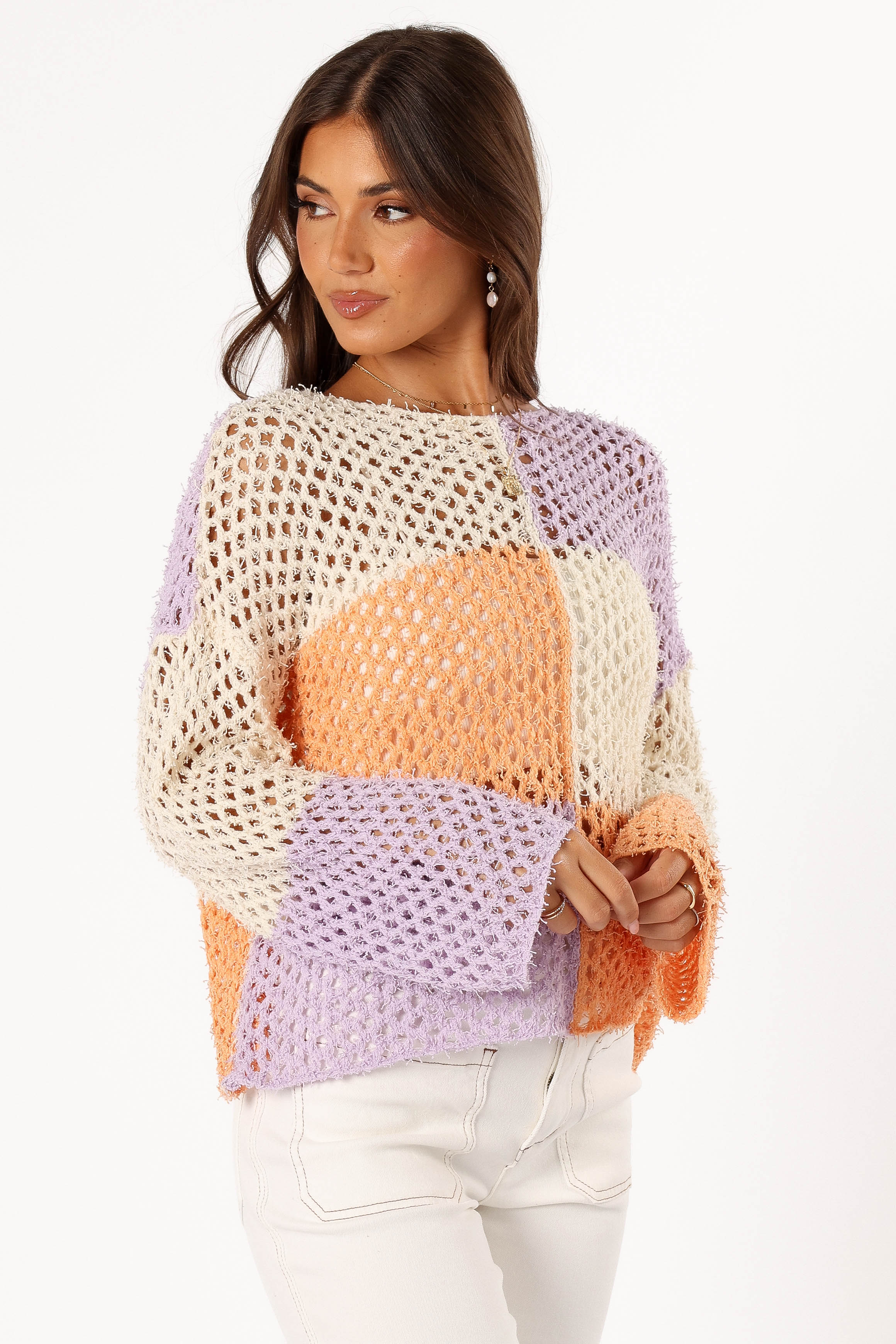 Dawn Color Block Knit Sweater - Cream Lavender