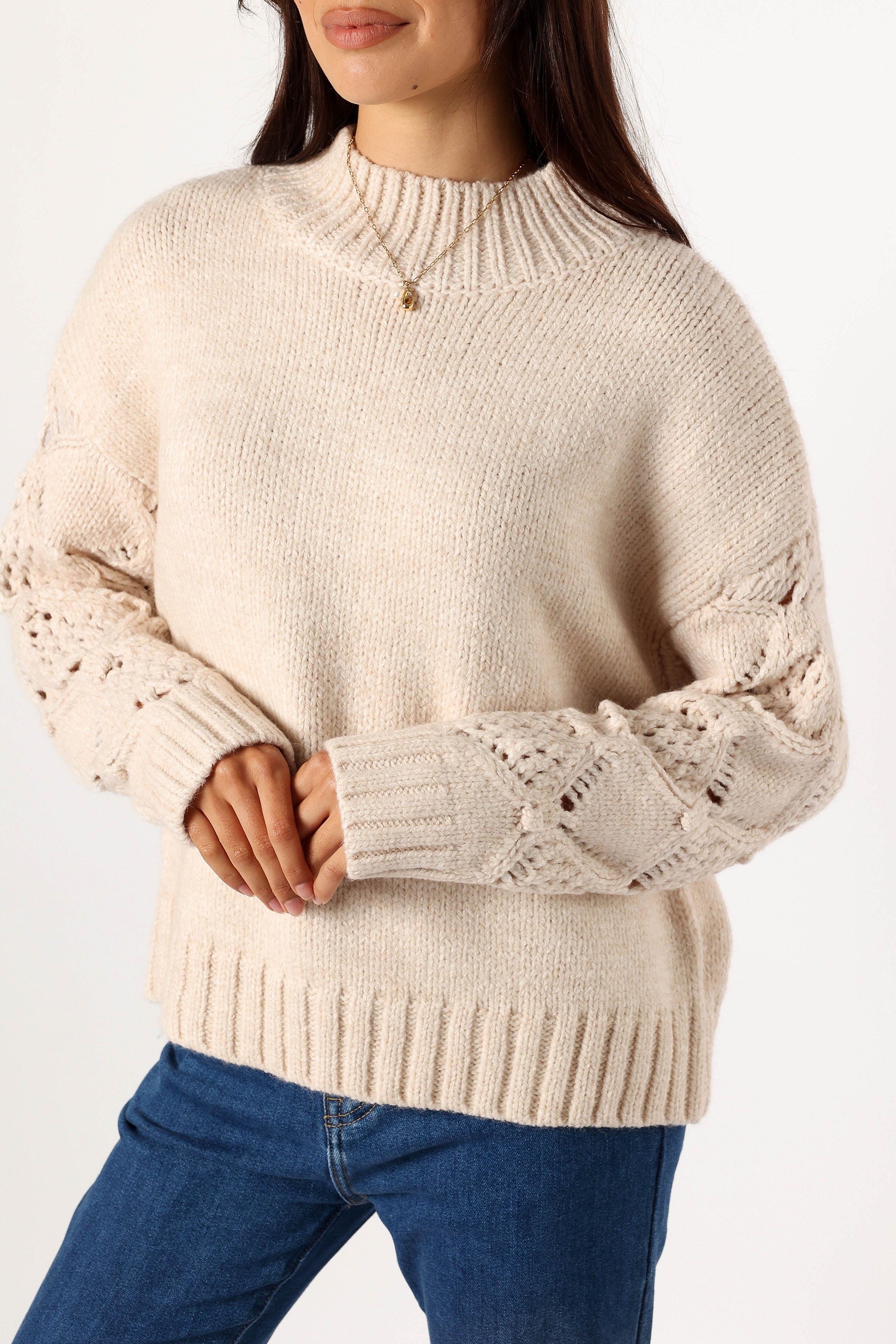 Rebekah Crochet Sleeve Knit Sweater - Cream