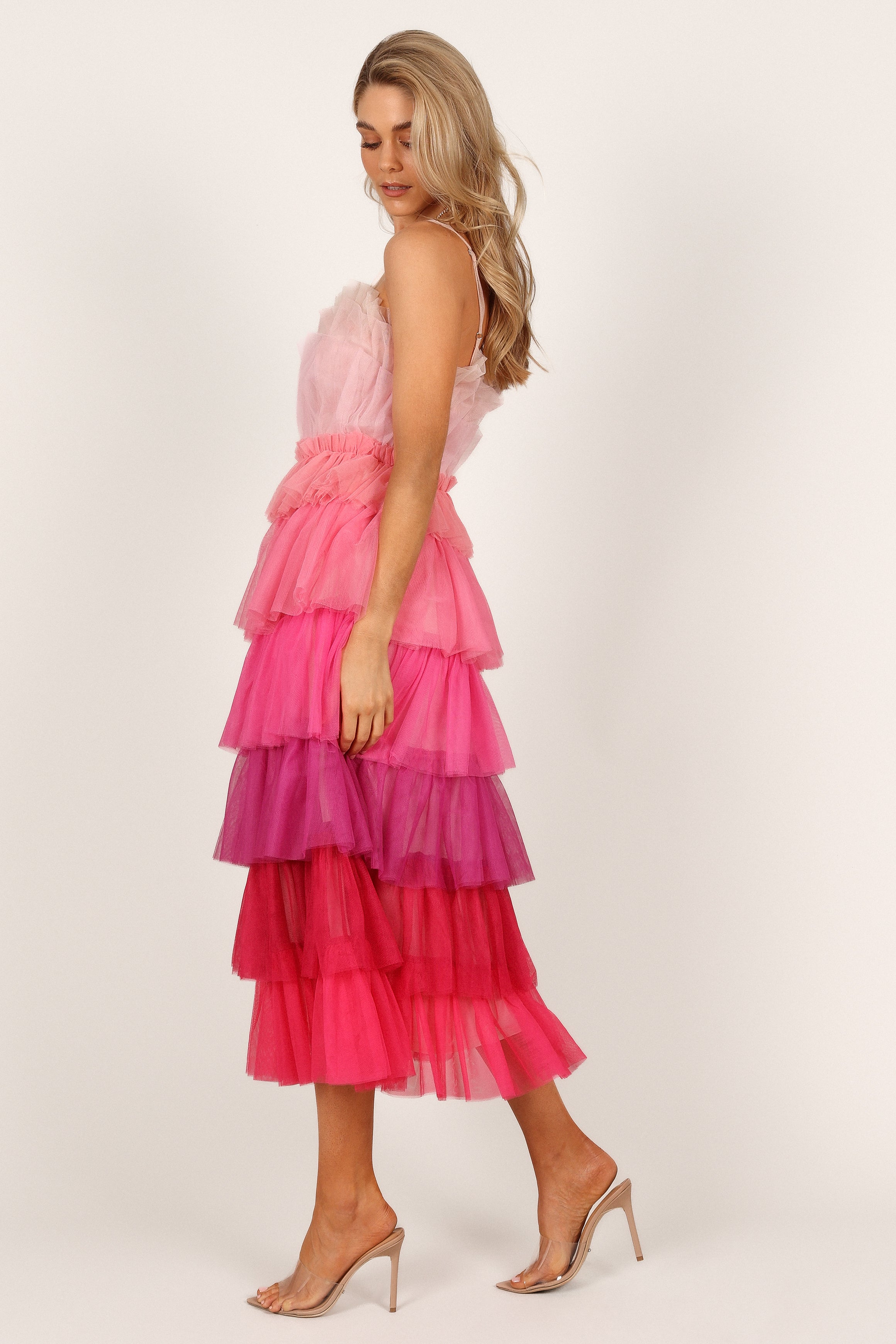 Minnie Tiered Tulle Midi Dress - Pink