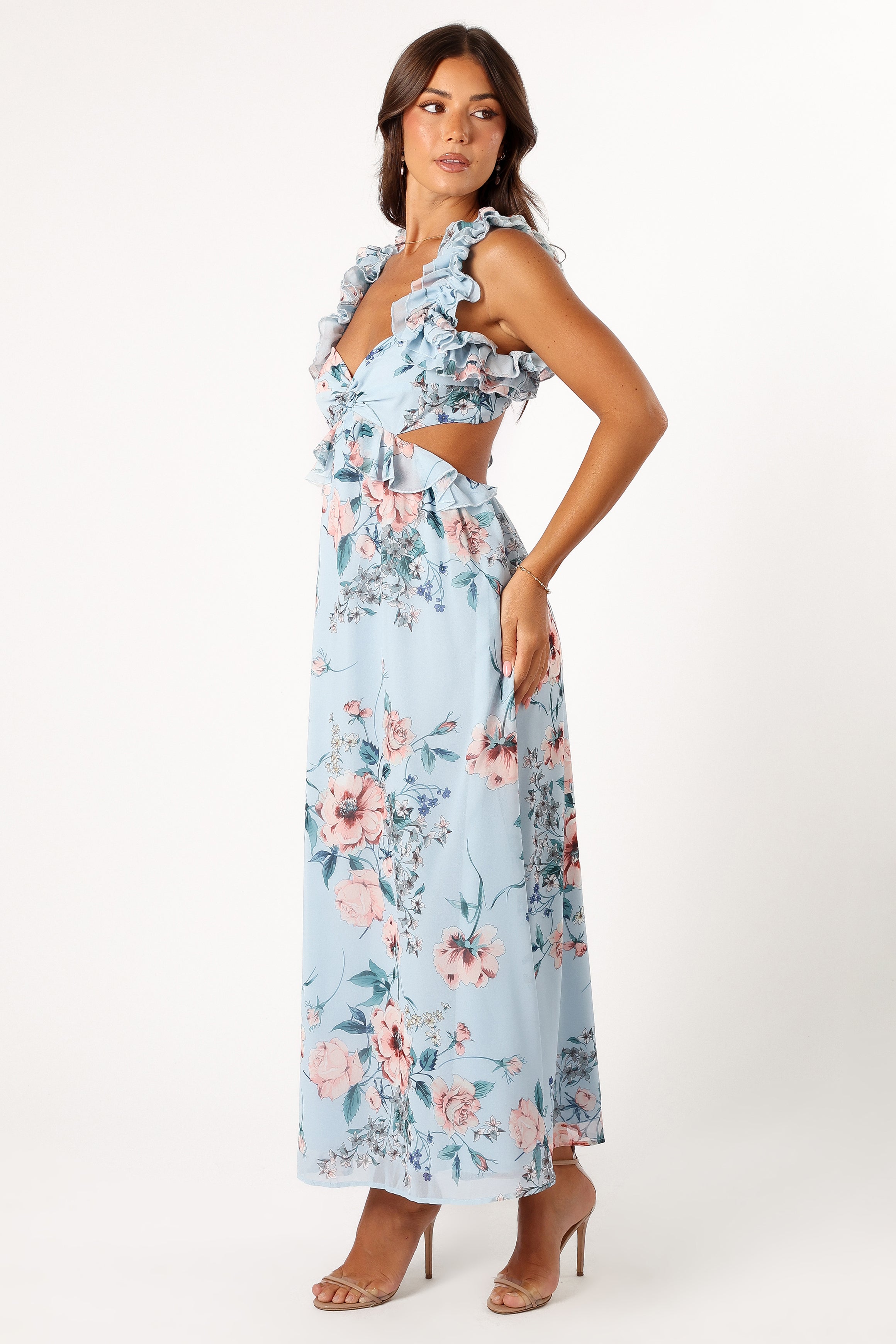 Lucah Frill Shoulder Maxi Dress - Blue Floral