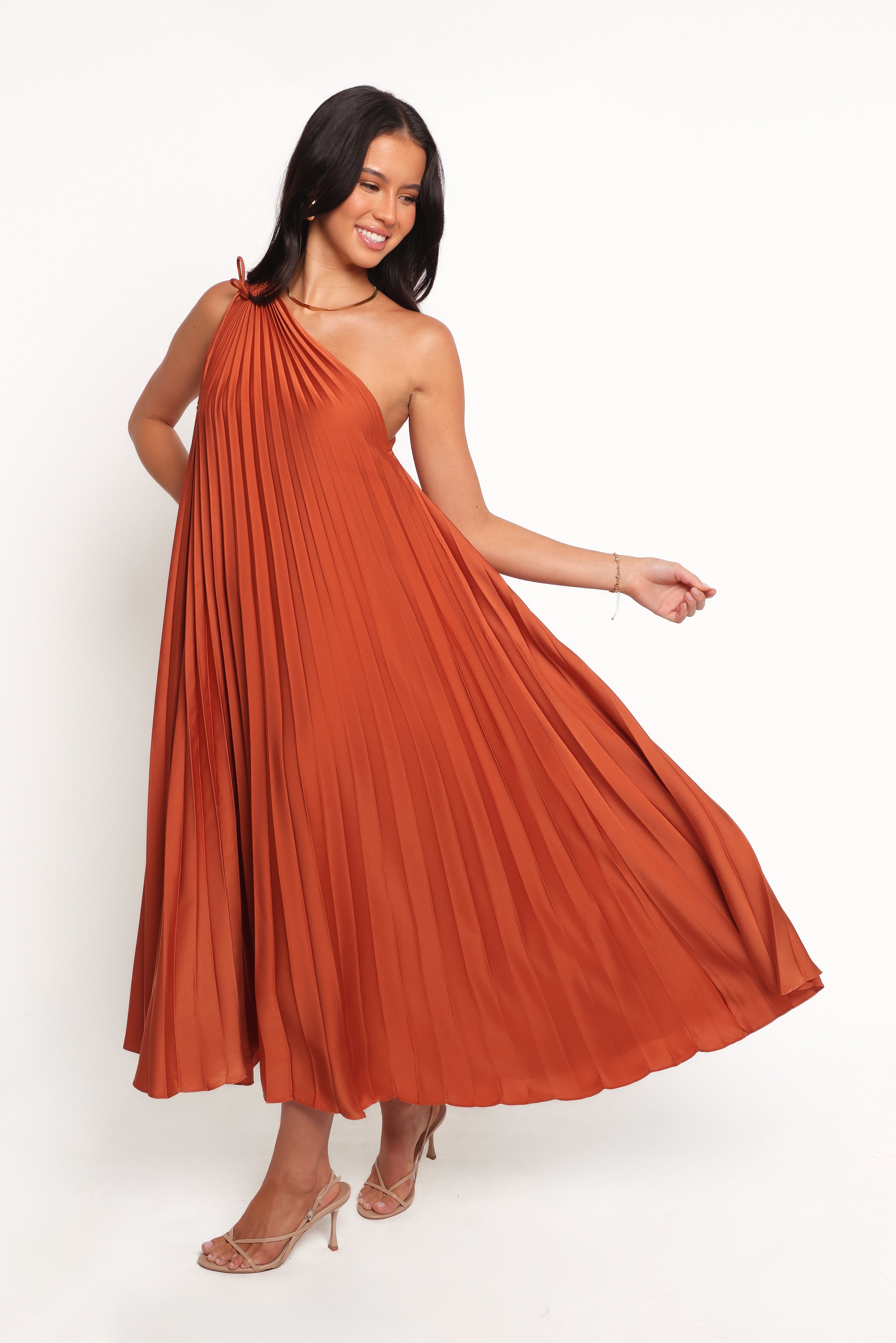 Selena One Shoulder Midi Dress - Russet Bronze