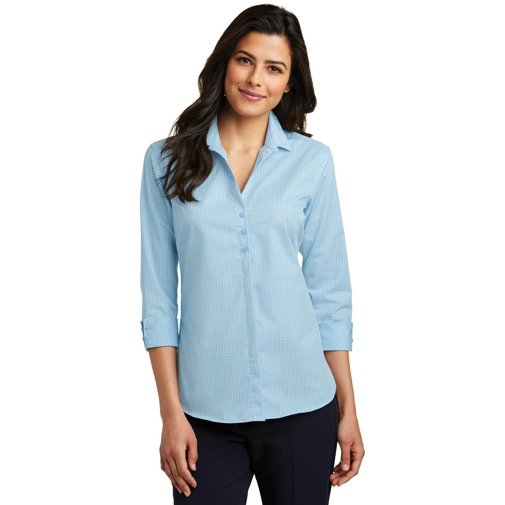 CLOSEOUT - Port Authority Ladies 3/4-Sleeve Micro Tattersall Easy Care Shirt