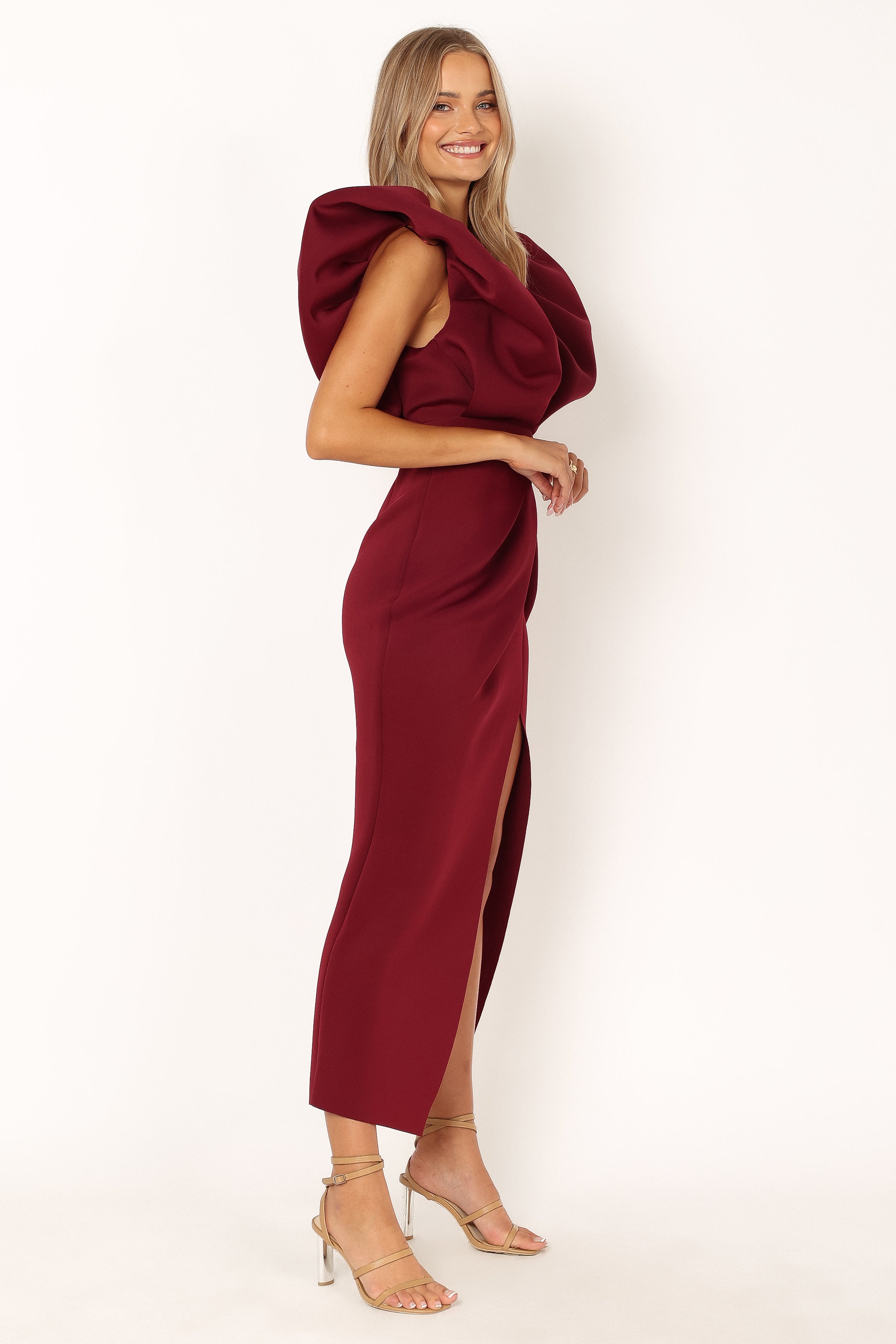 Augie Frill Shoulder Maxi Dress - Burgundy