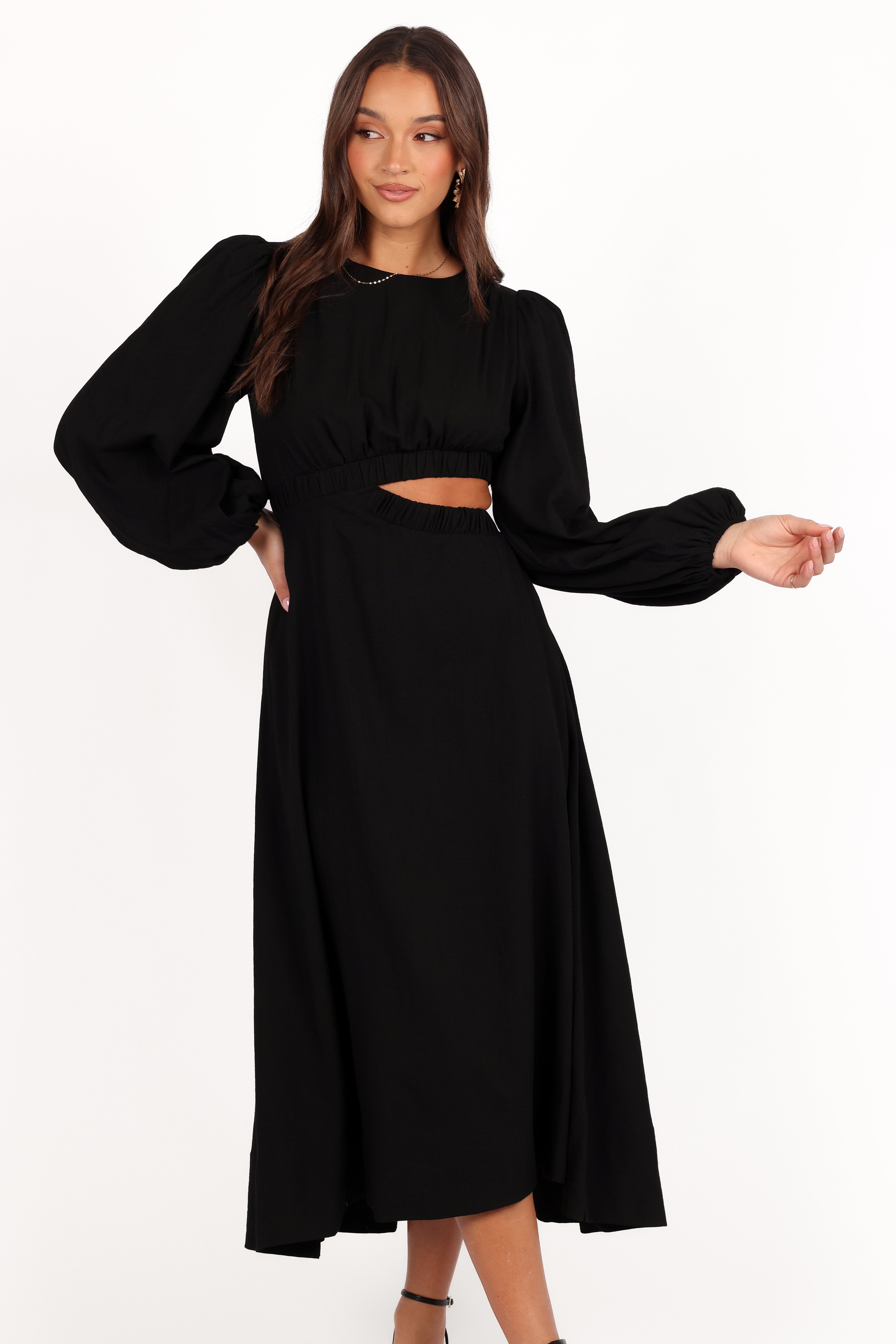 Ginnee Puff Sleeve Cutout Midi Dress - Black