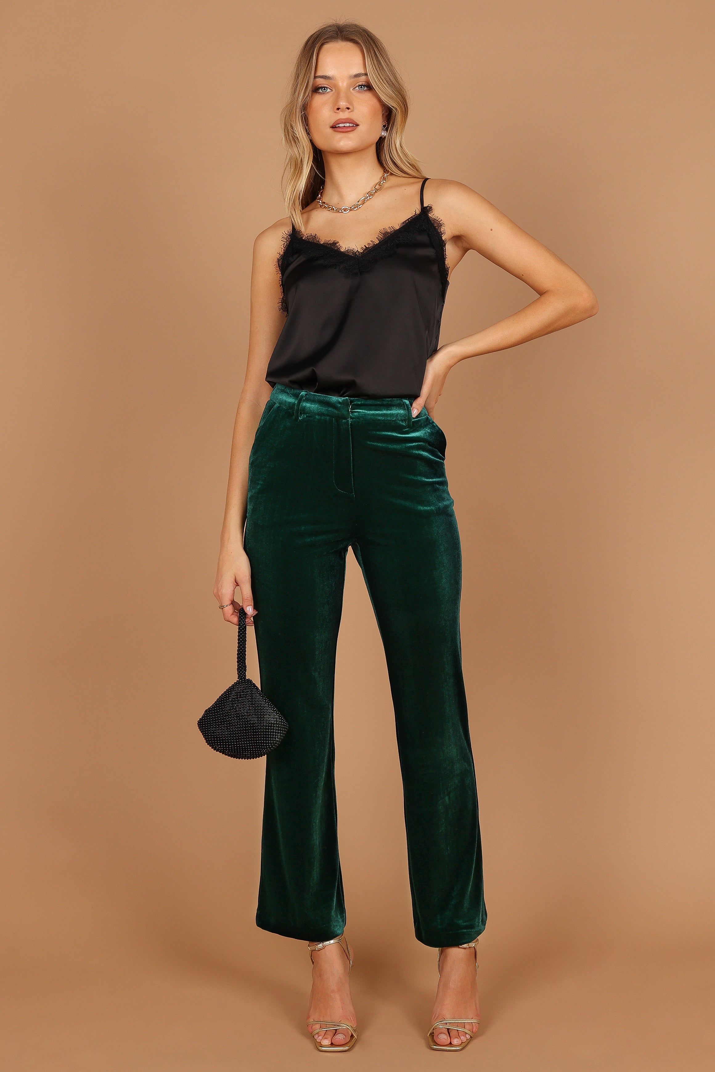 Darla Velvet Wide Leg Pants - Hunter Green