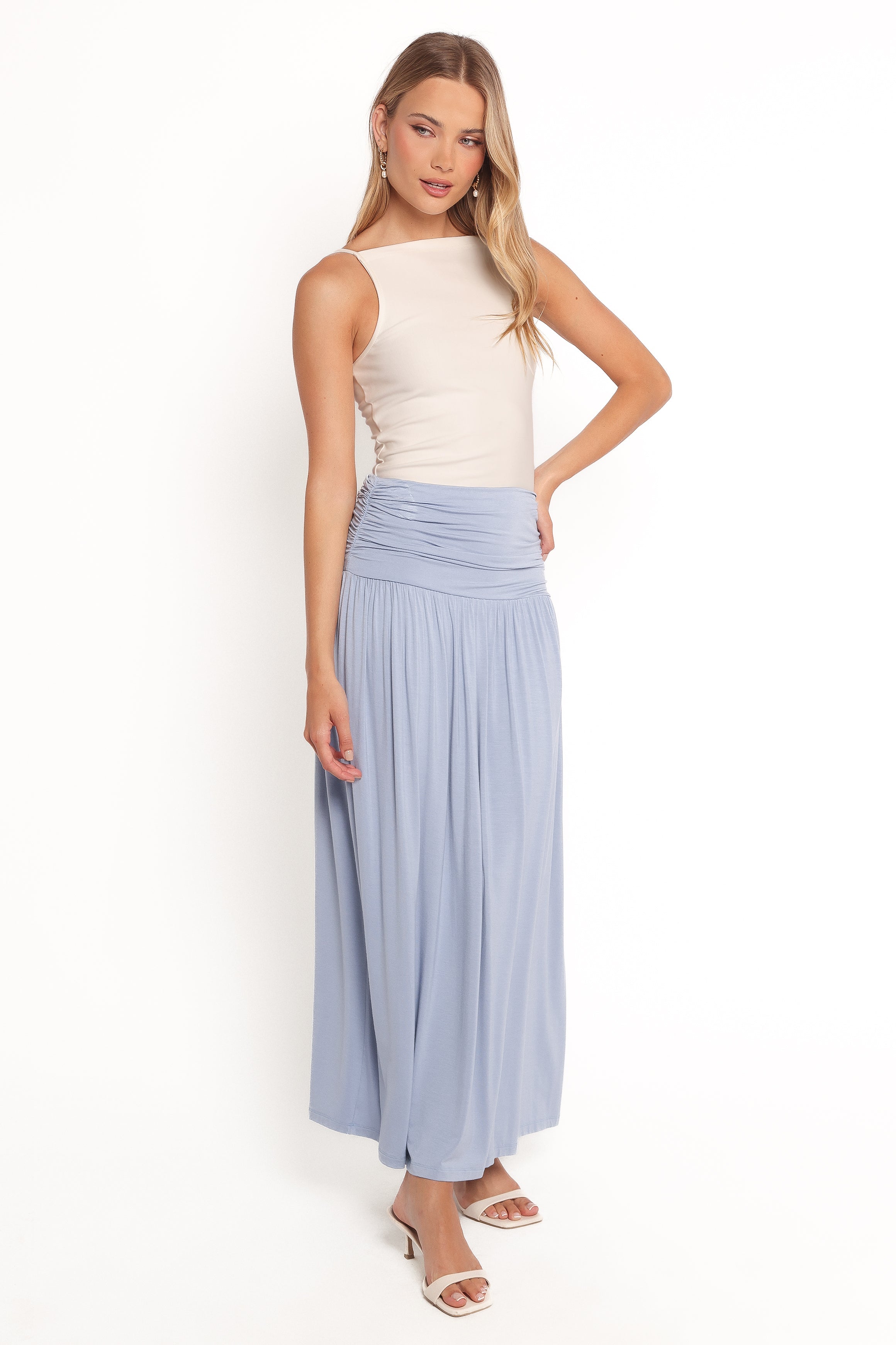 Lavia Ruched Knit Maxi Skirt - Soft Blue