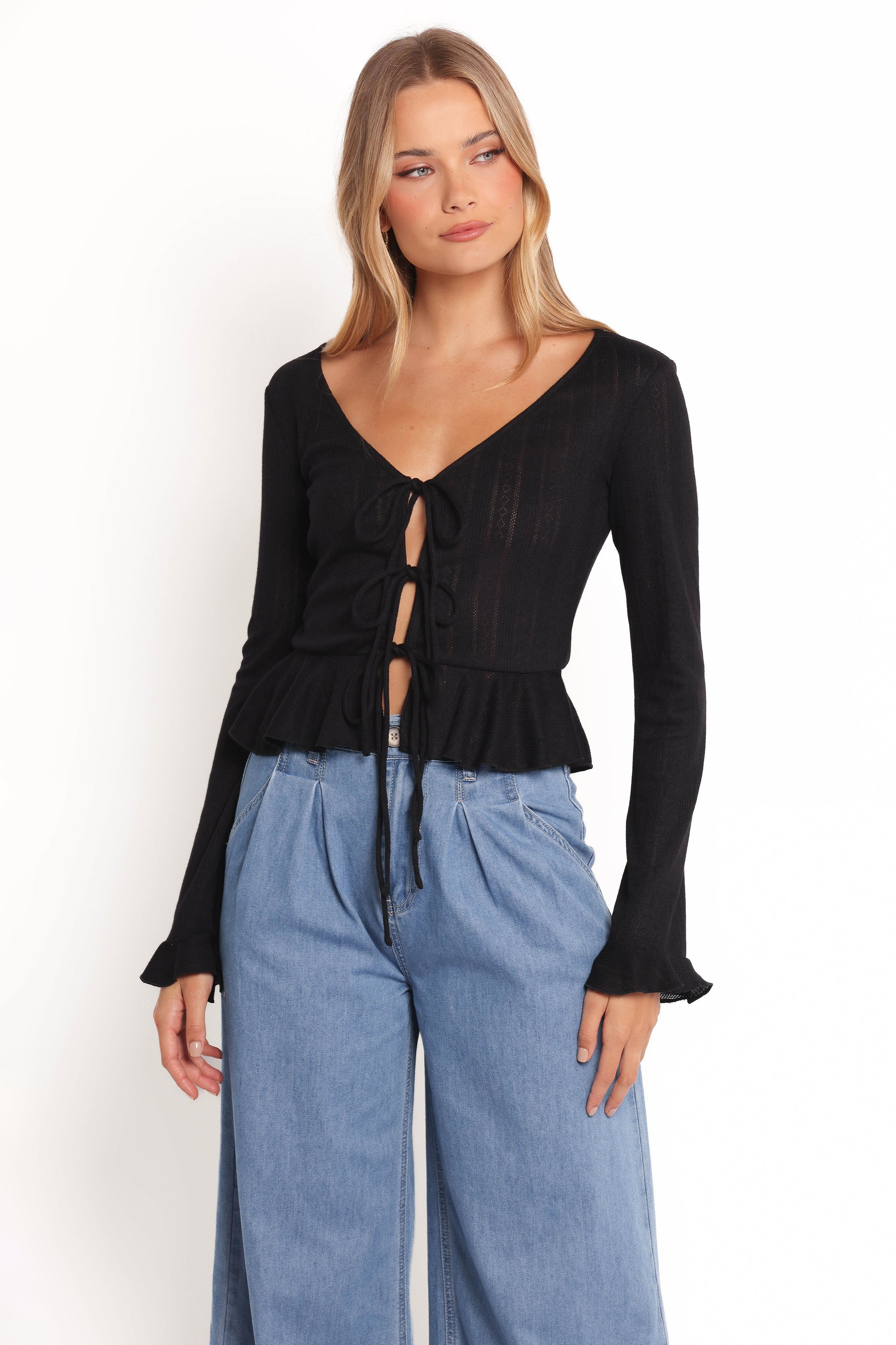 Islah Pointelle Cardigan Top - Black