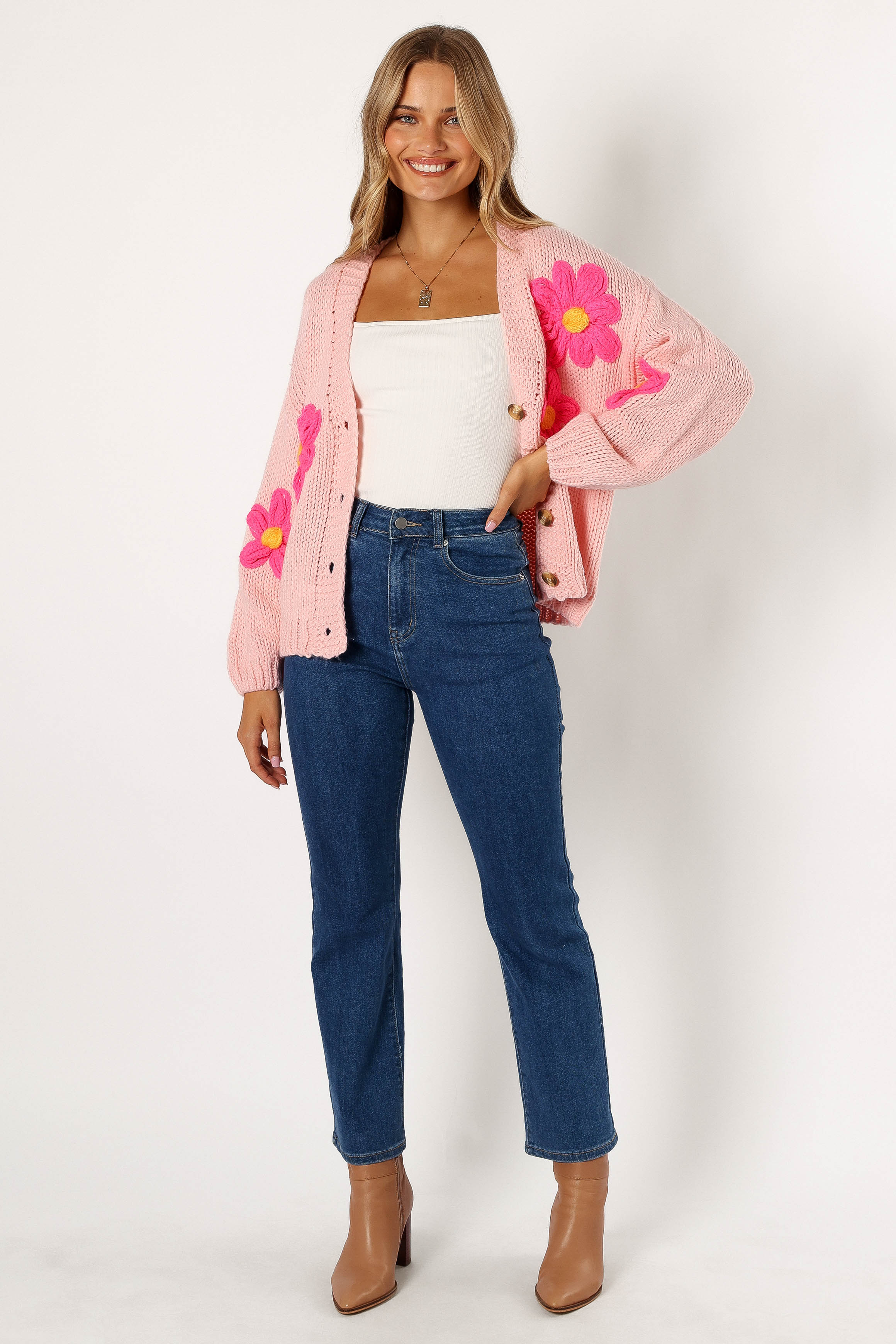 Clementine Flower Embroidered Open Front Cardigan - Pink