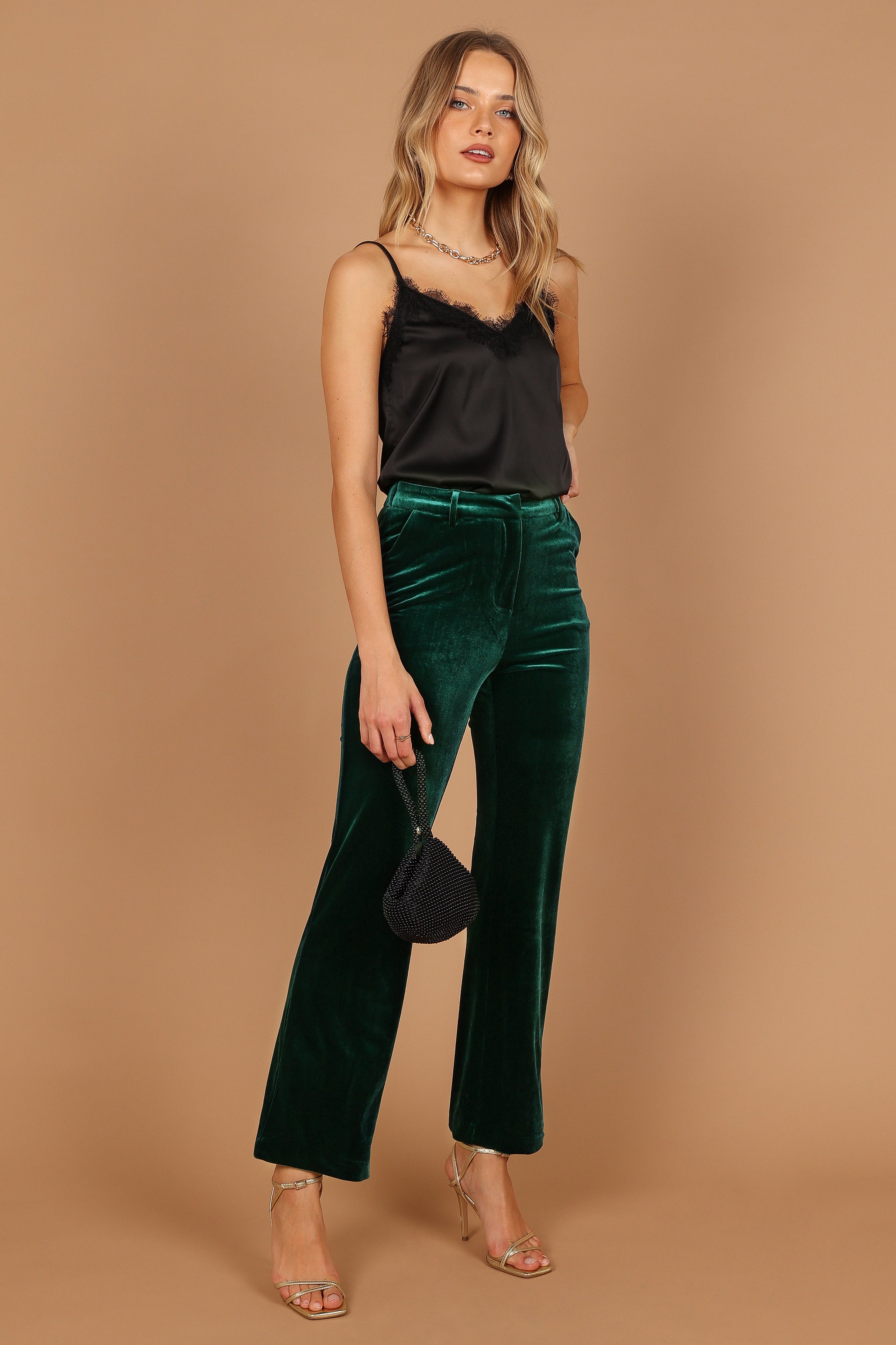 Darla Velvet Wide Leg Pants - Hunter Green