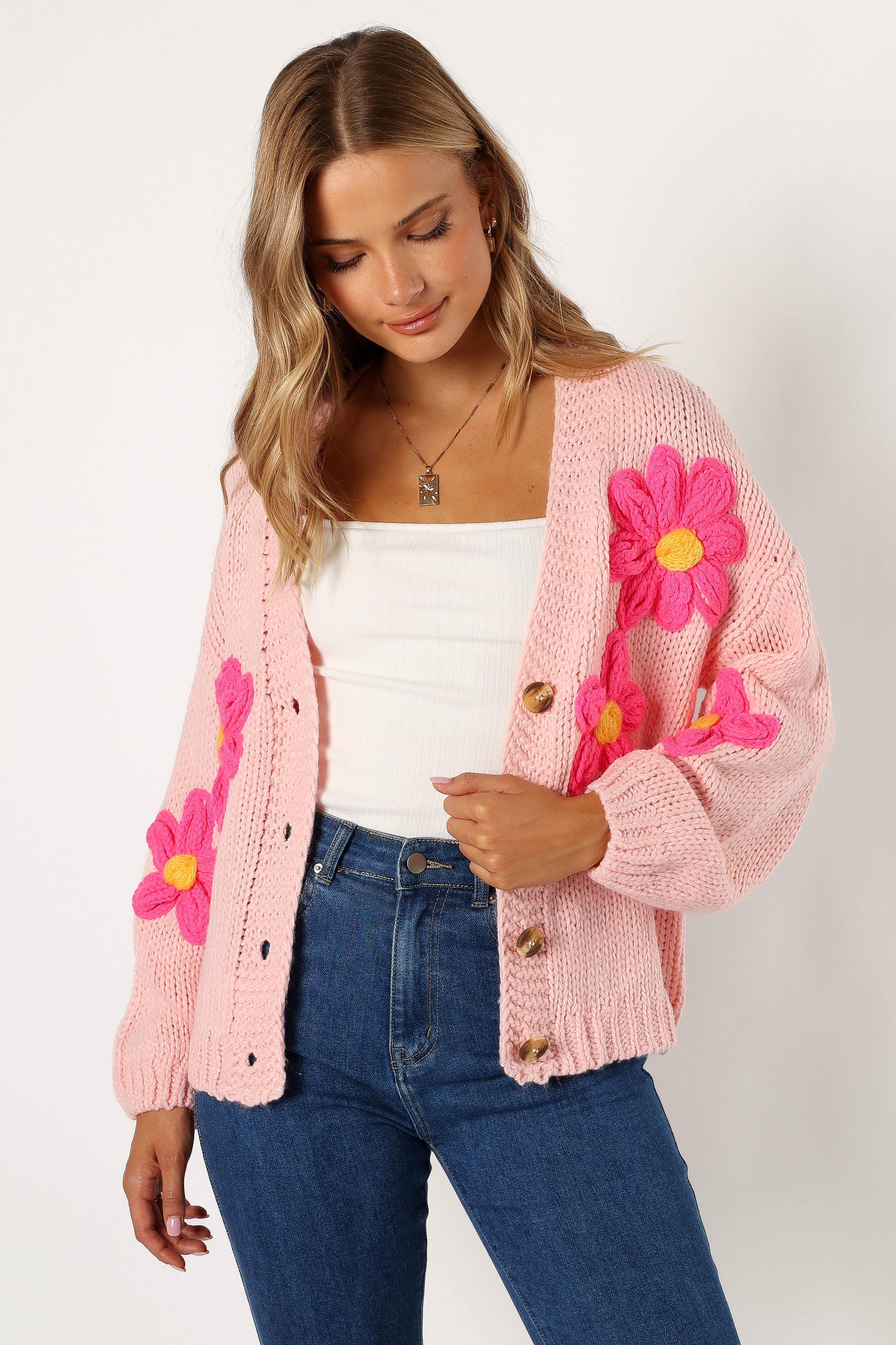 Clementine Flower Embroidered Open Front Cardigan - Pink