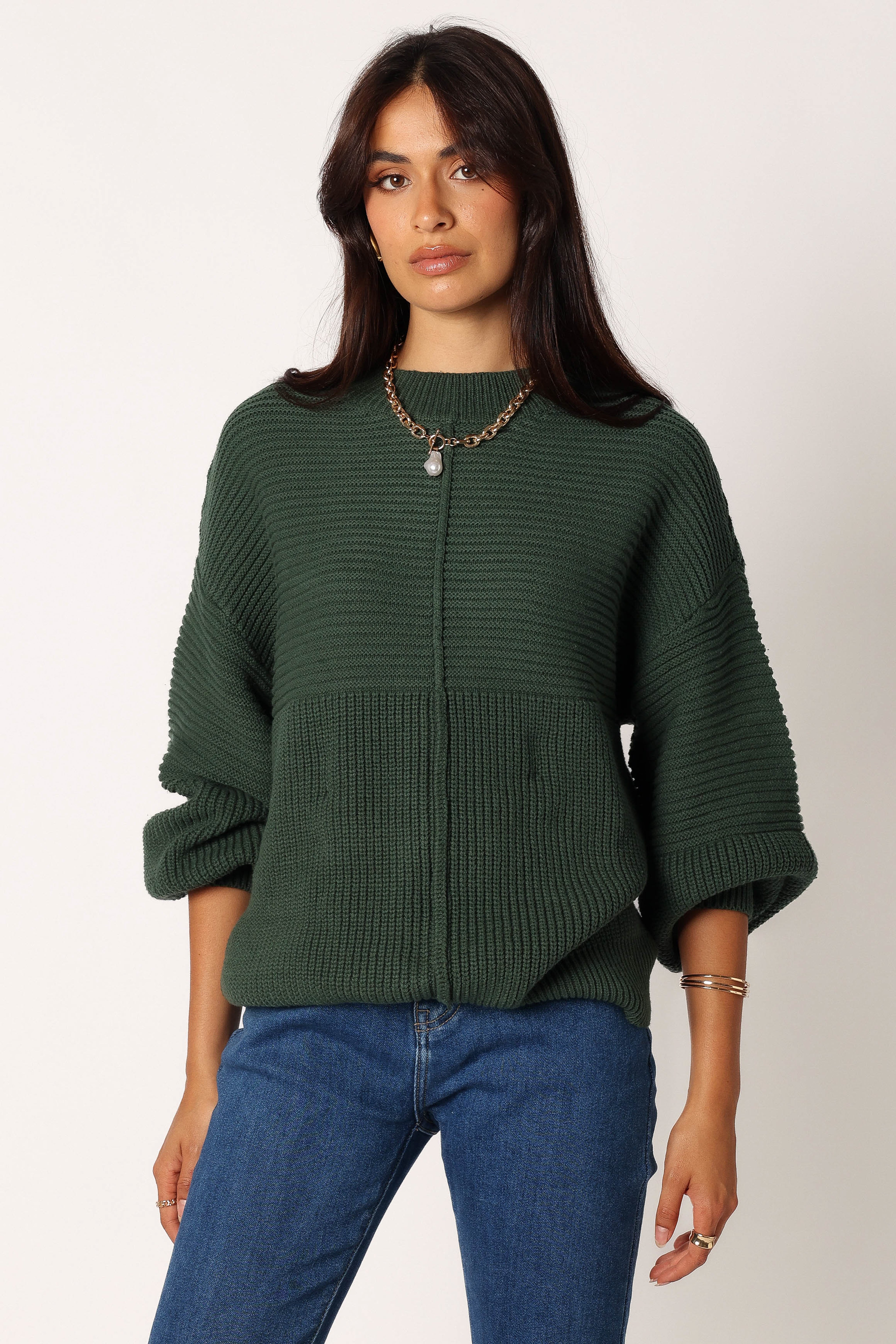 Meredith Ribbed Crewneck Knit Sweater - Green