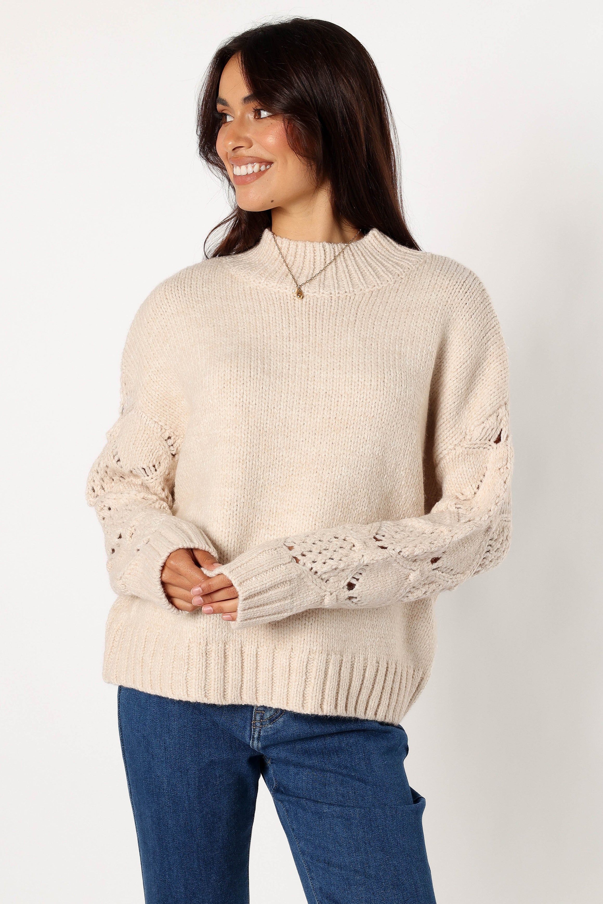 Rebekah Crochet Sleeve Knit Sweater - Cream