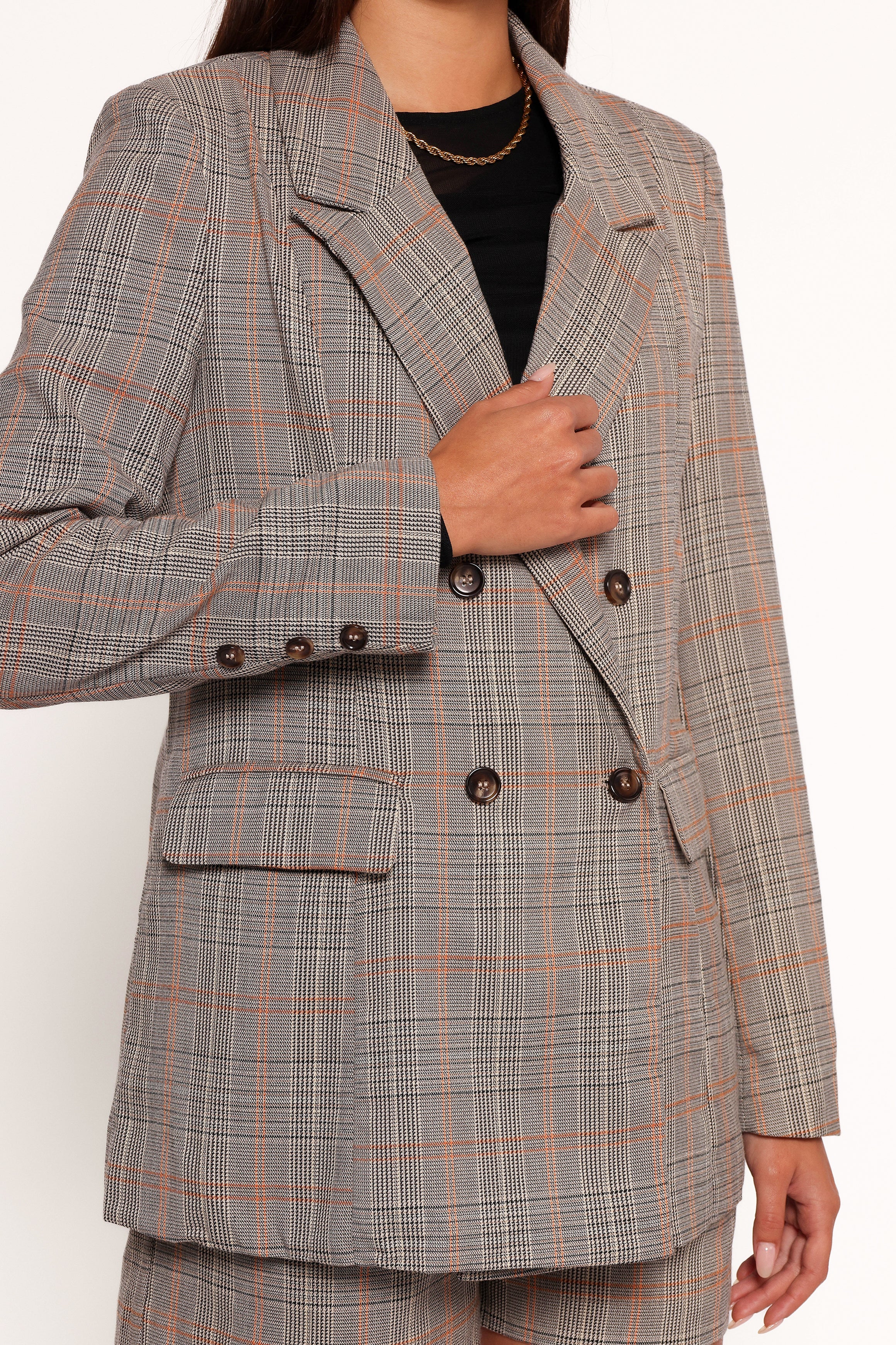 Lesia Double Button Fitted Plaid Blazer - Taupe Multi