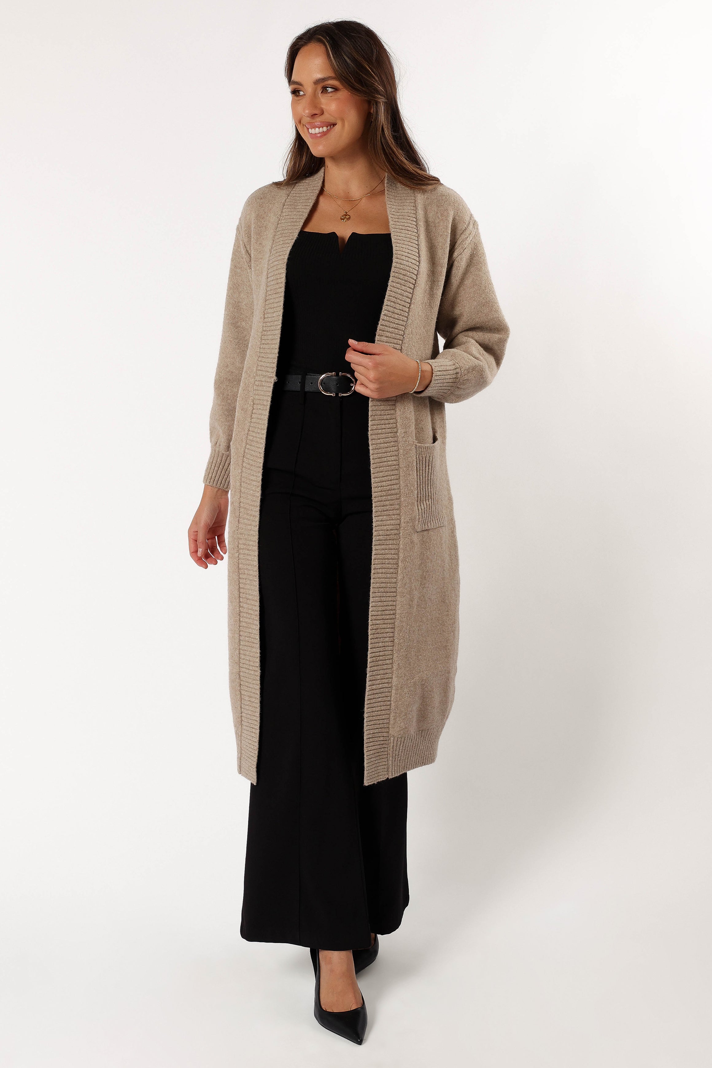 Nicolette Open Front Long Cardigan - Latte