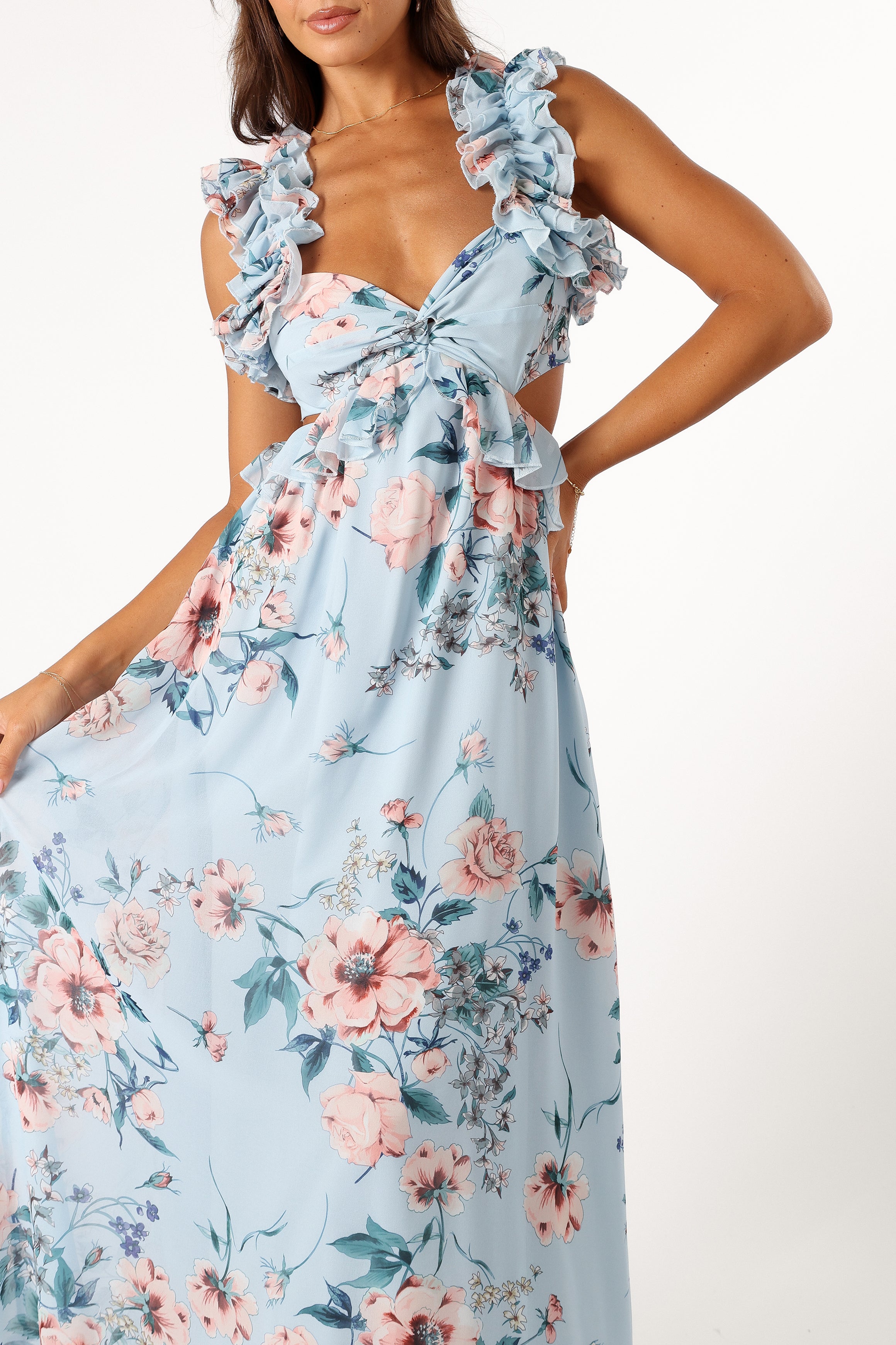 Lucah Frill Shoulder Maxi Dress - Blue Floral