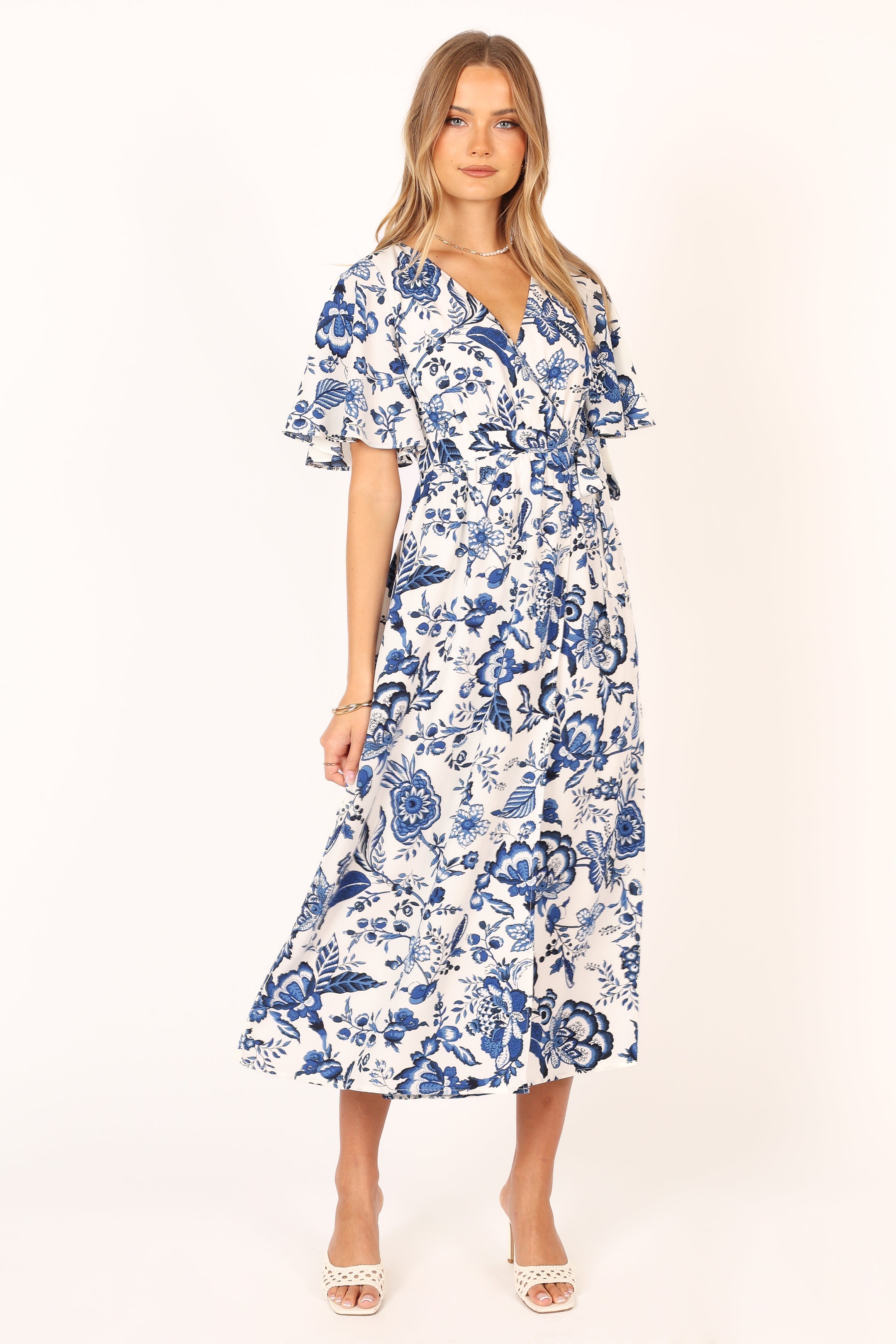 Kaleen Midi Wrap Dress - White Blue