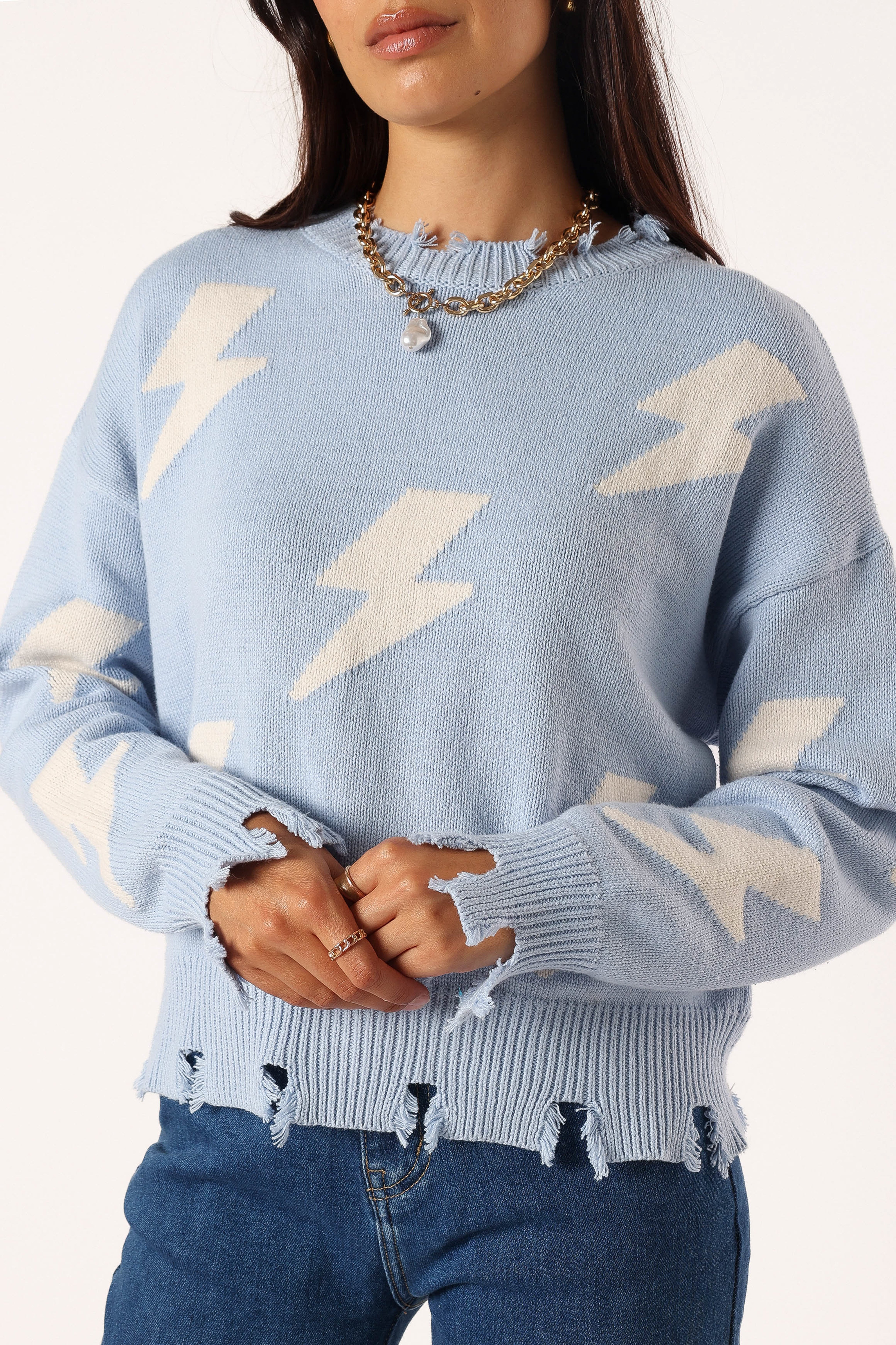 Lightning Bolt Printed Fray Detail Knit Sweater - Light Blue