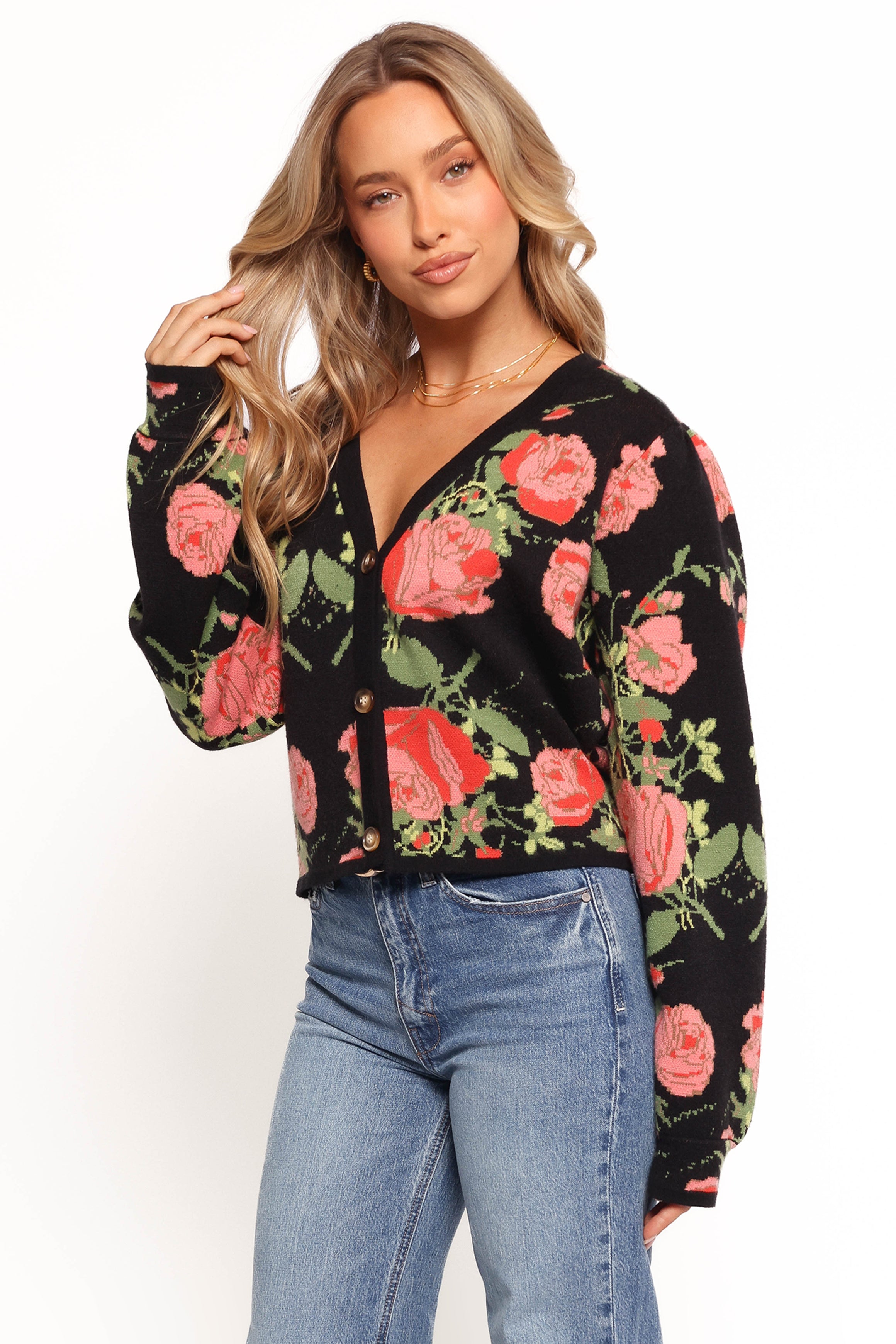 Reeva Button Front Floral Cardigan - Black Floral