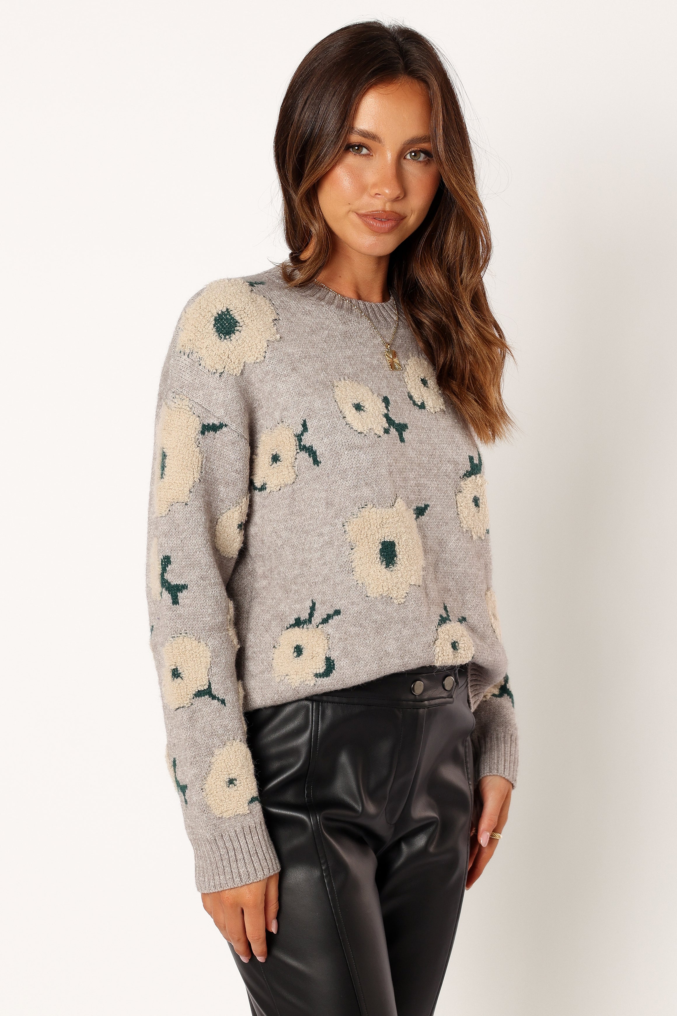 Aubrielle All Over Flower Knit Sweater - Grey Green