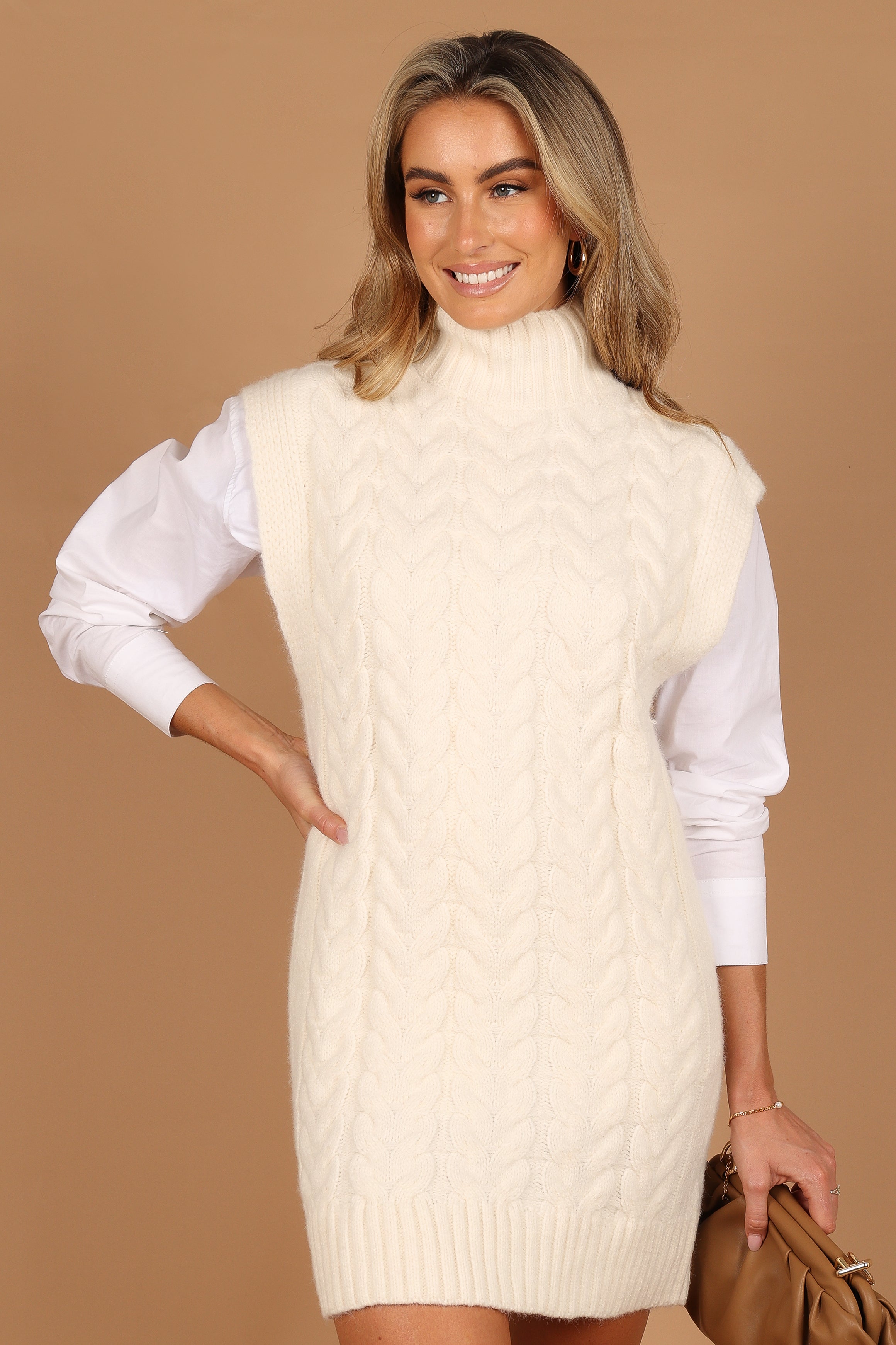 Cozette Turtle Neck Sleeveless Mini Knit Dress - Cream