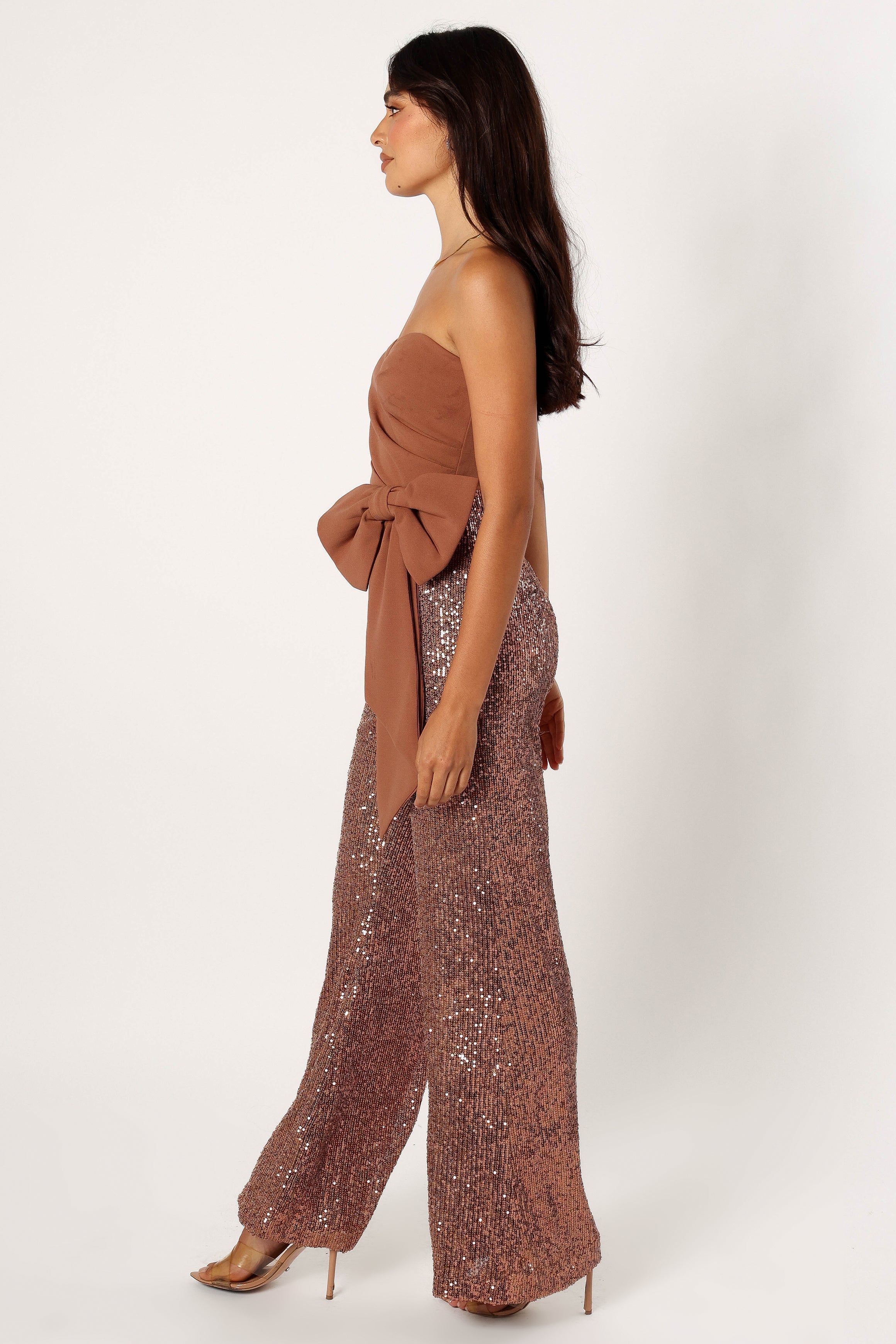 Jacquelin Bow Waist Sequin Jumpsuit - Tan