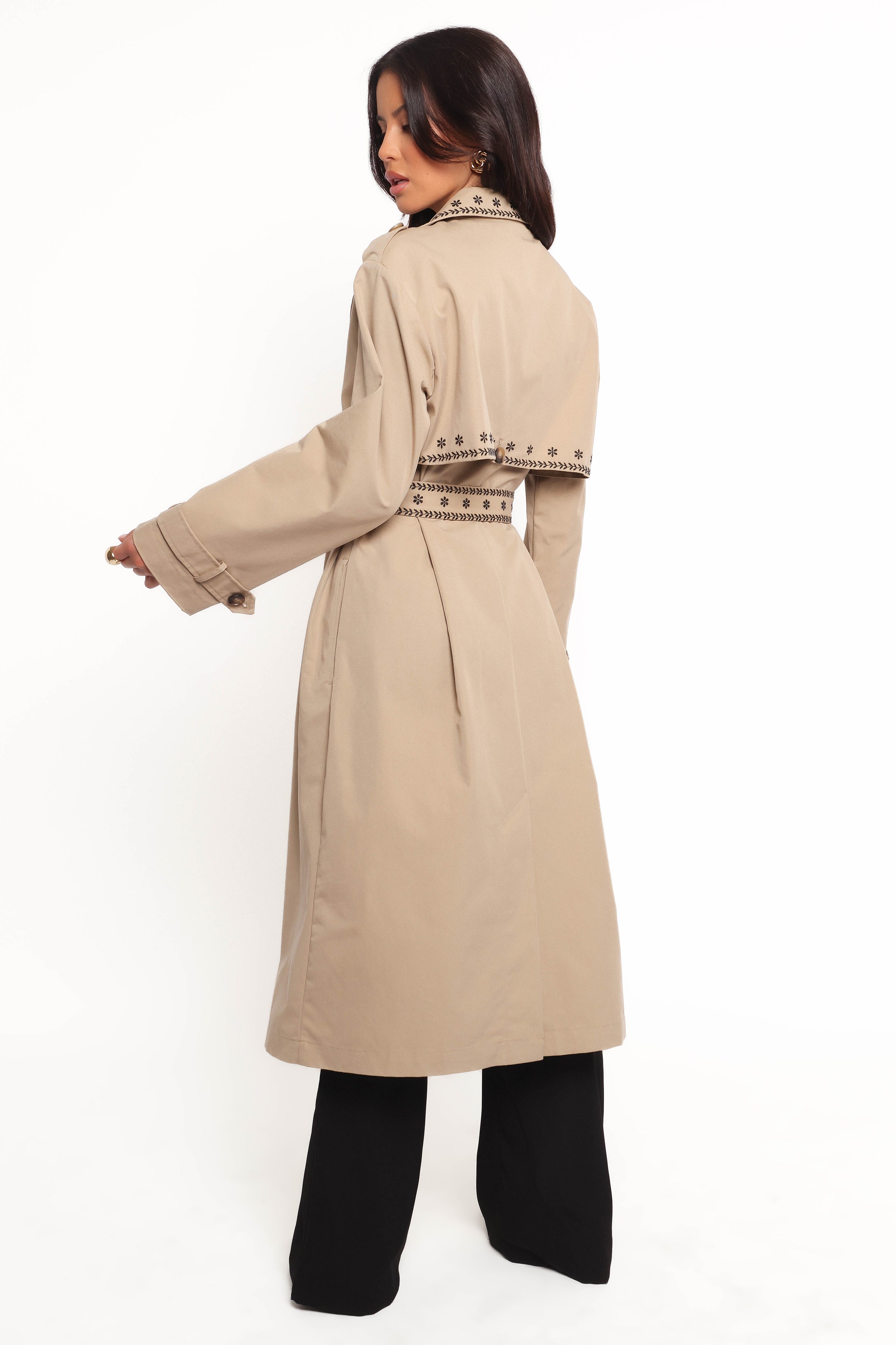 Grayson Embroidered Trim Trench Coat - Taupe