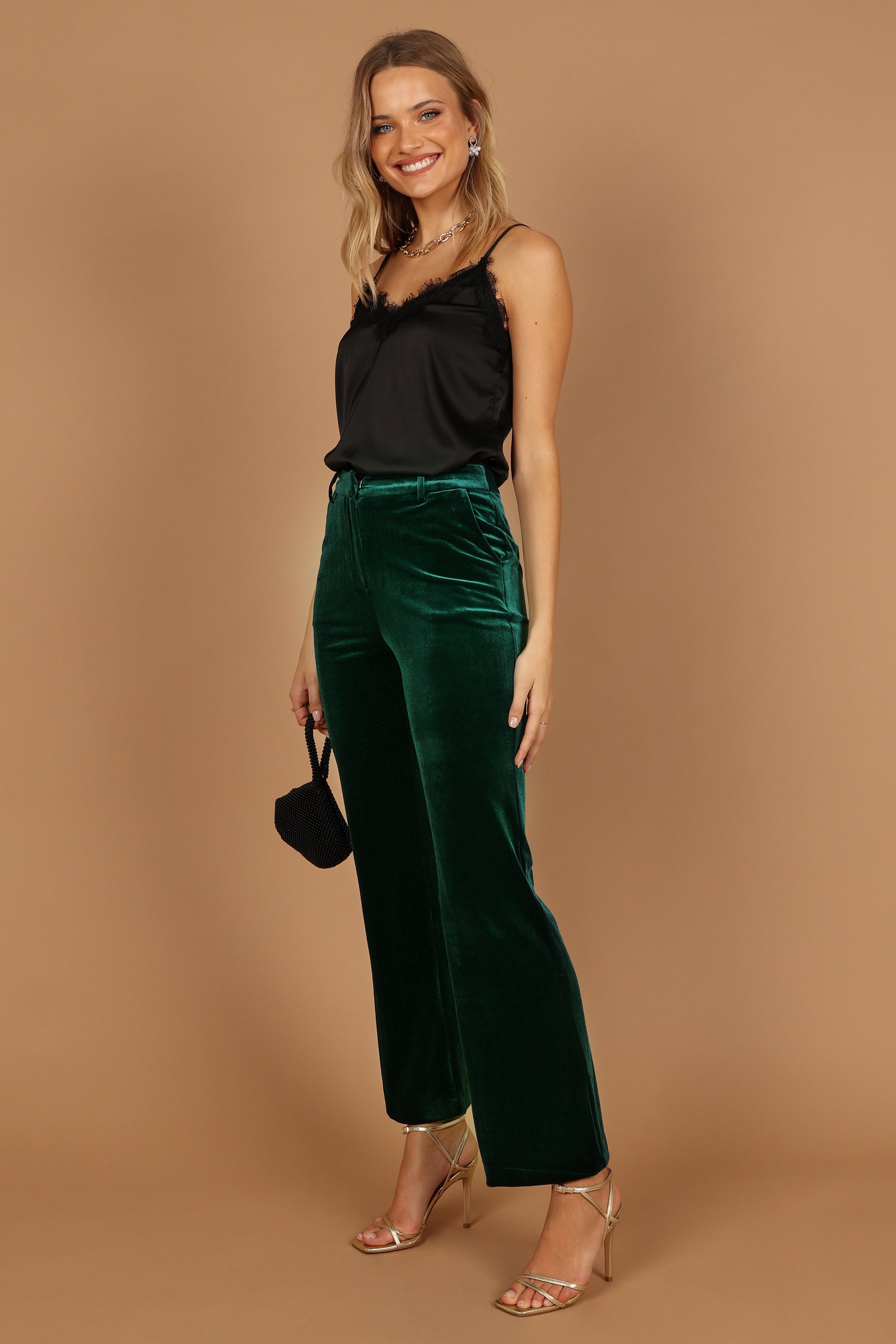 Darla Velvet Wide Leg Pants - Hunter Green