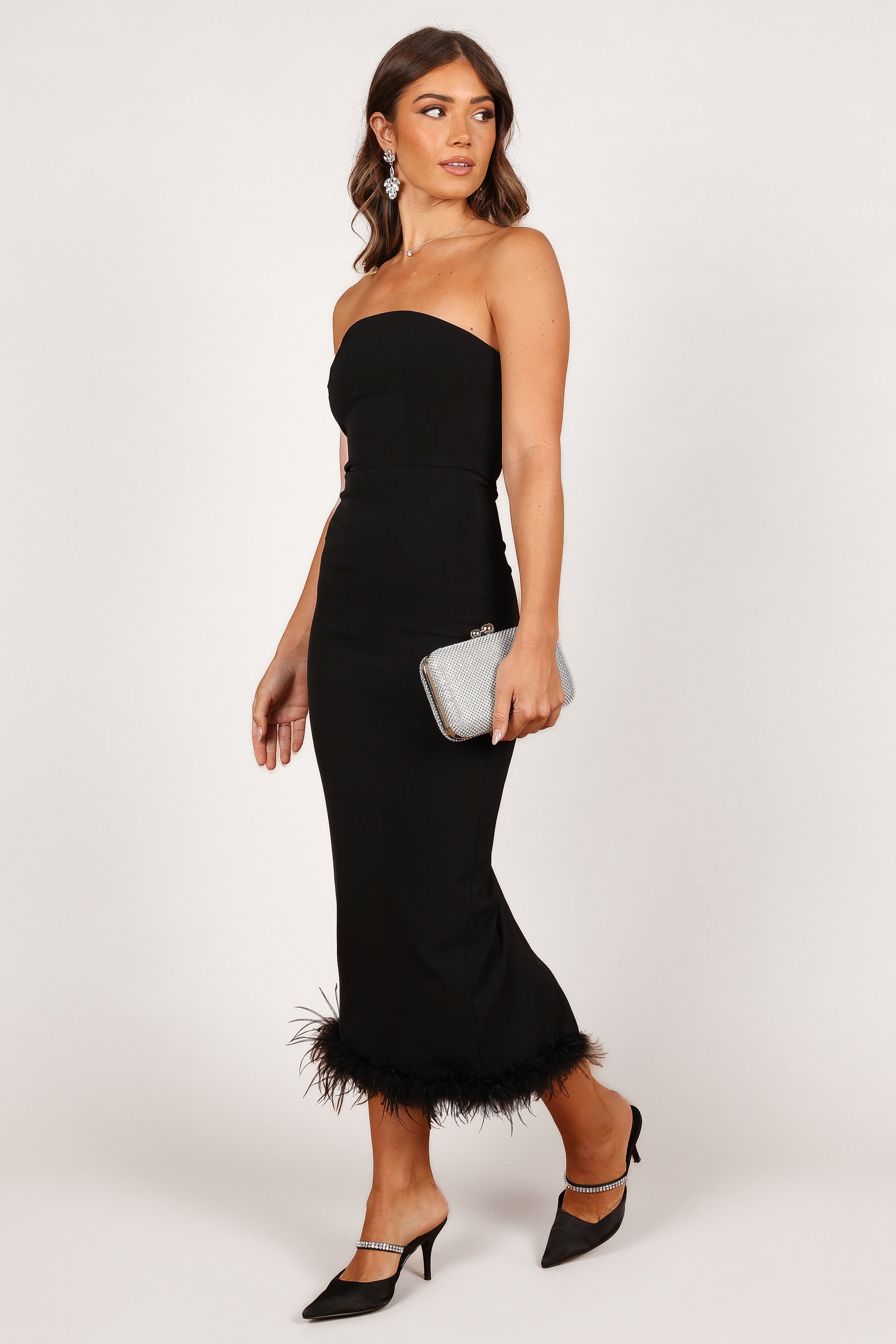 Clara Feather Trim Midi Dress - Black