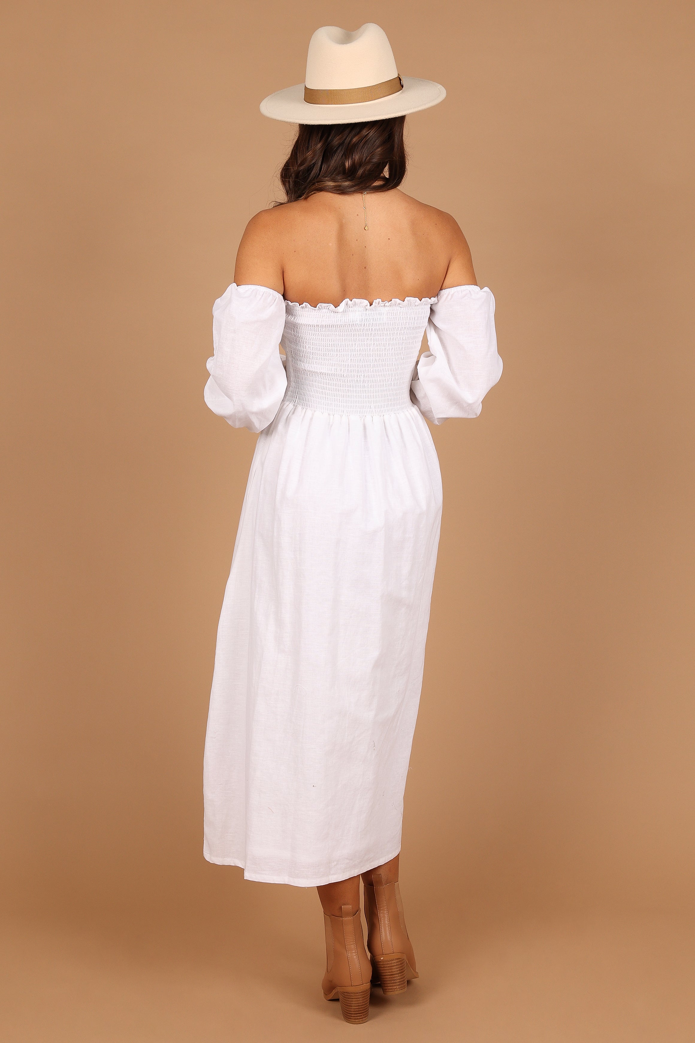 Domenica Shirred Long Sleeve Midi Dress - White