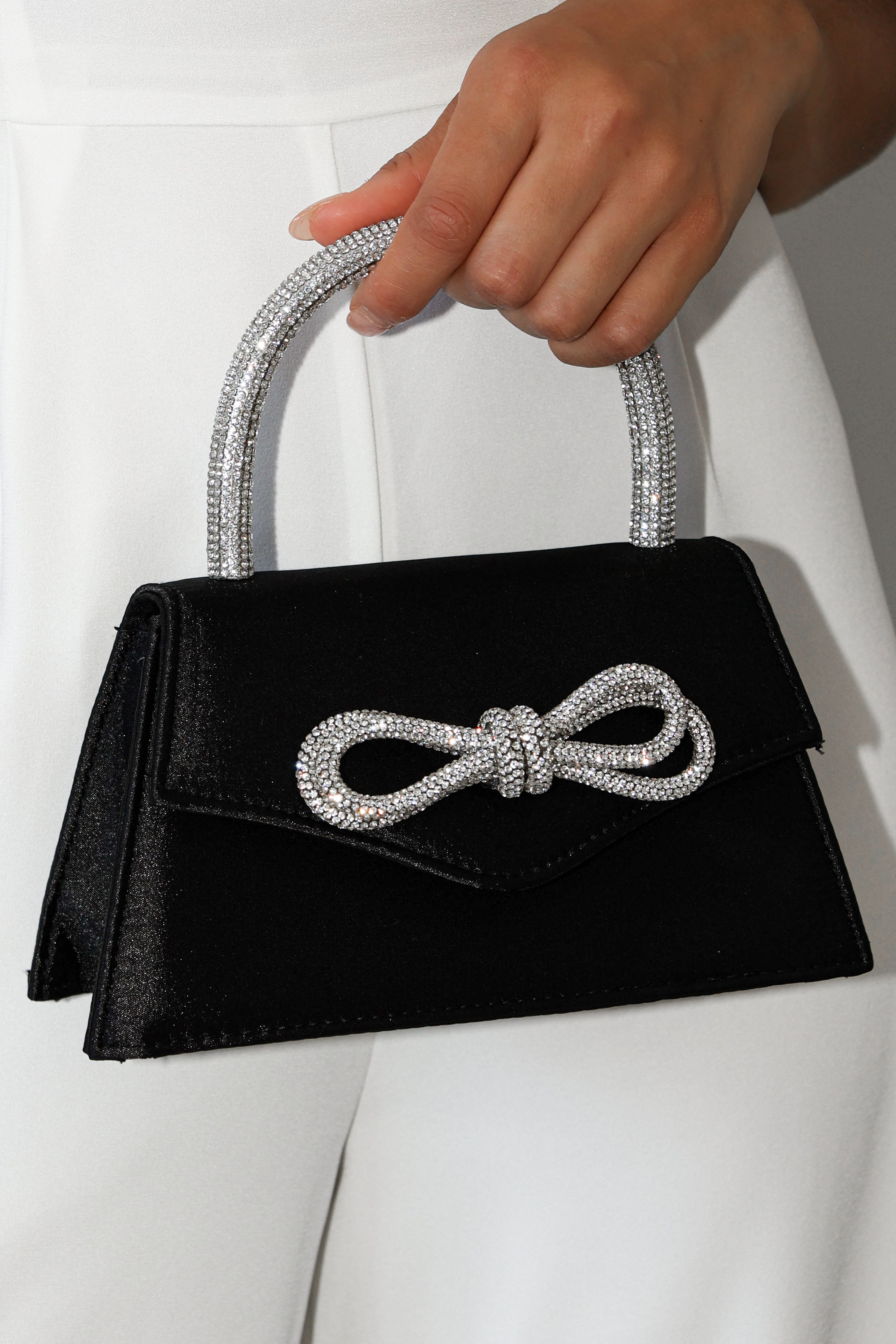 Flicka Rhinestone Bow Bag - Black Satin