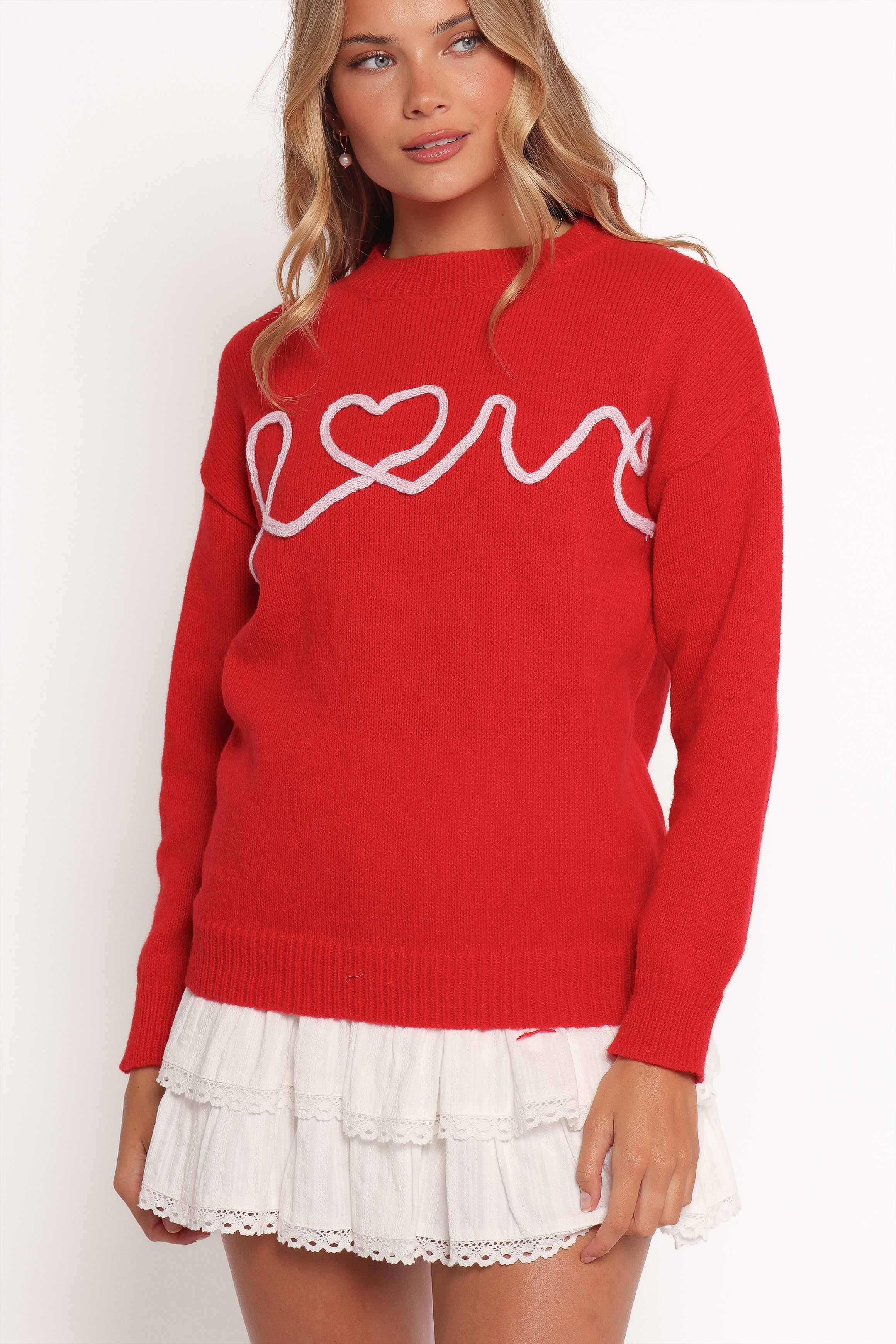 Love Embroidered Knit Sweater - Red