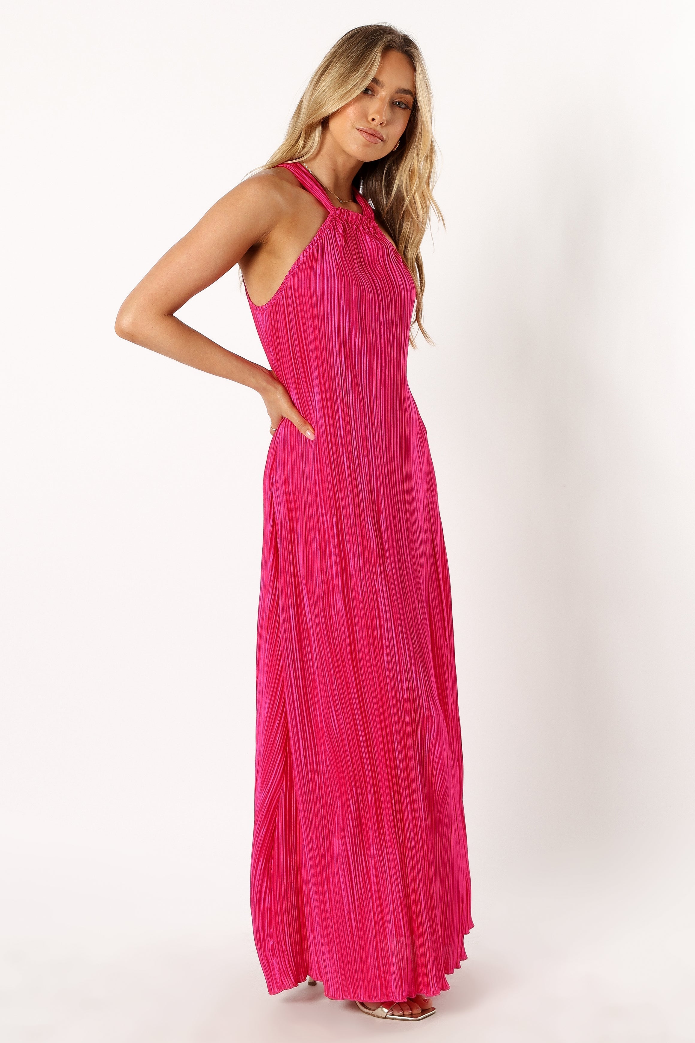 Melody Plisse Halter Maxi Dress - Pink