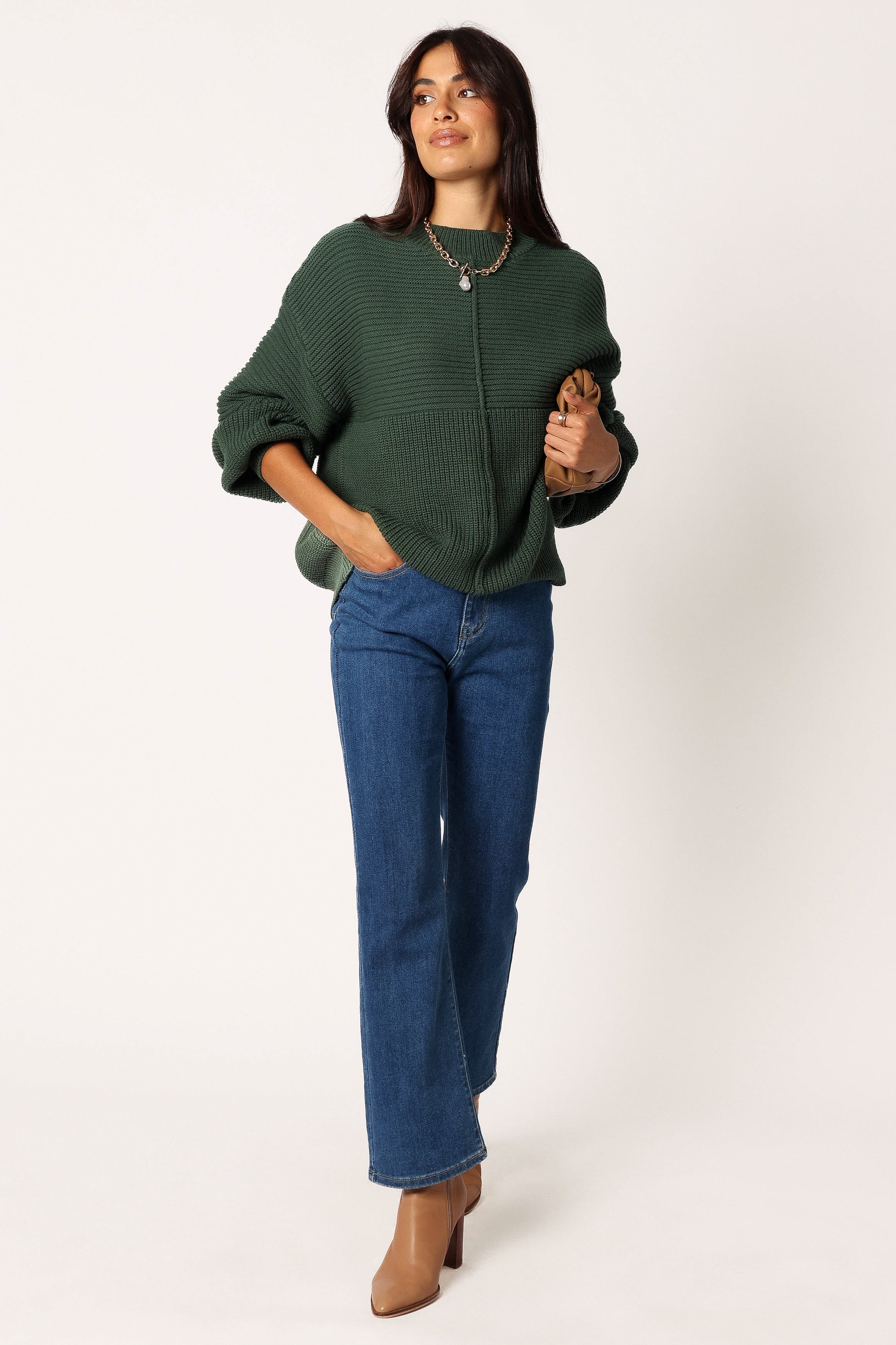 Meredith Ribbed Crewneck Knit Sweater - Green