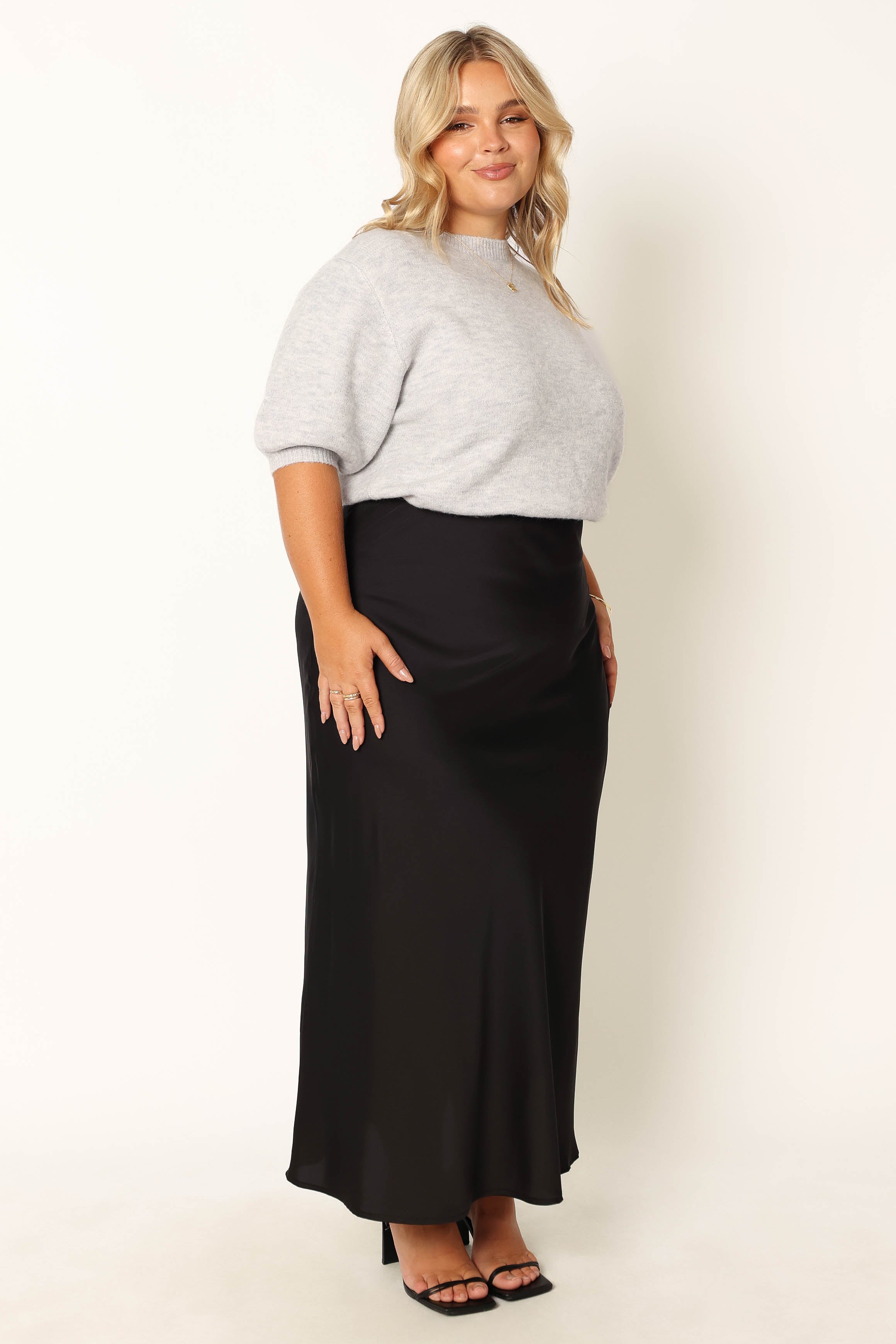 Nellie Satin Midi Skirt - Black