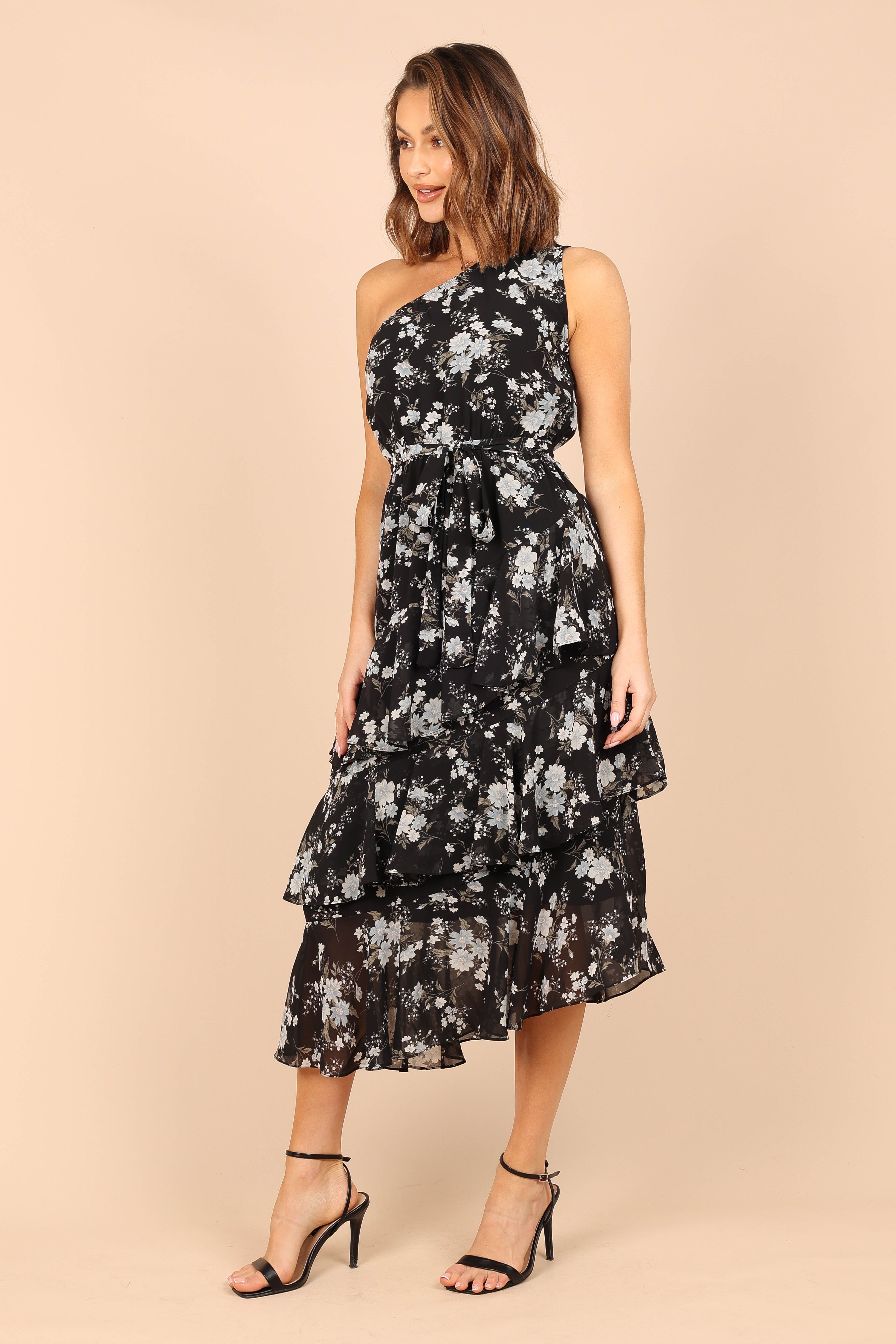 Brigette One Shoulder Tiered Midi Dress - Black Floral