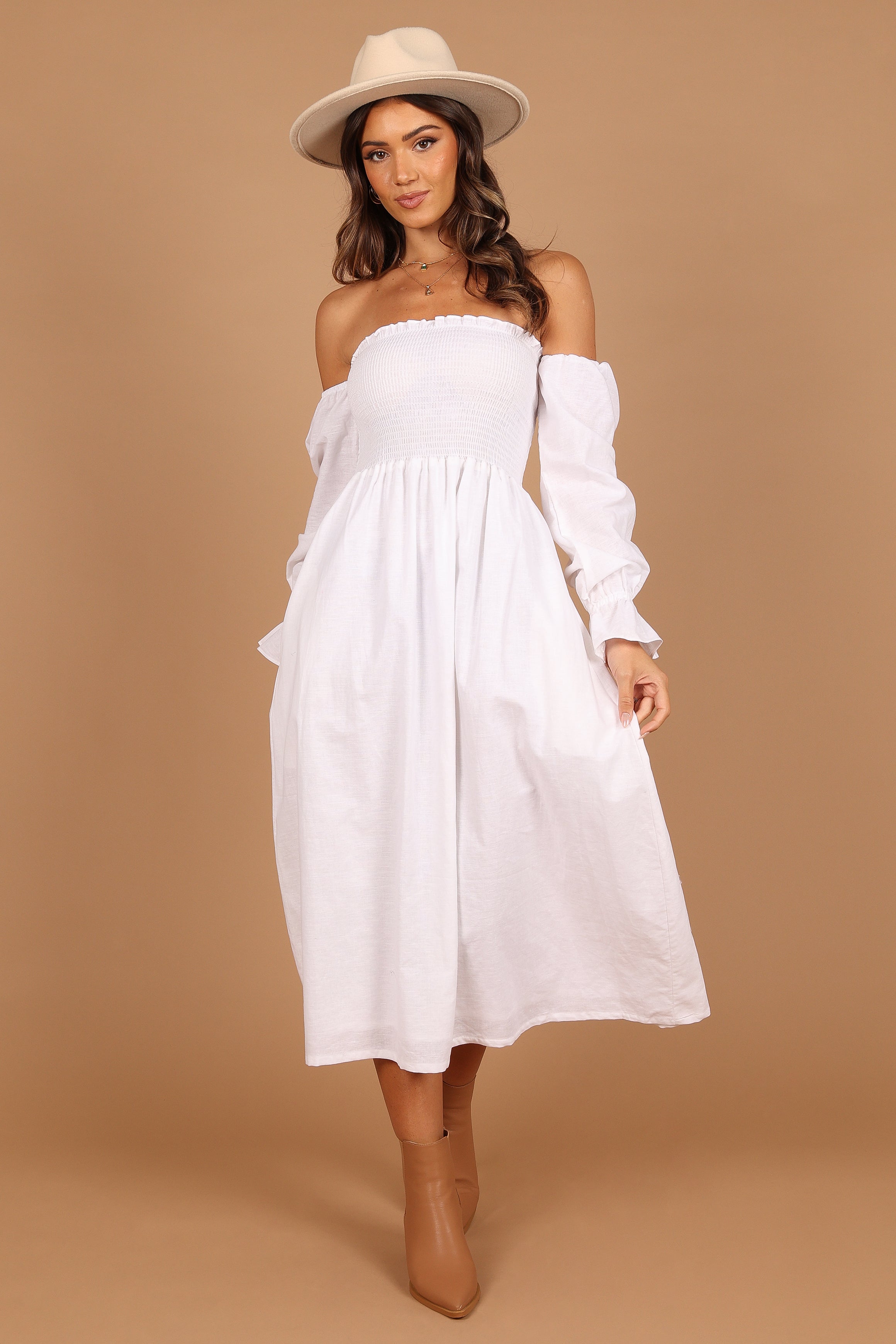 Domenica Shirred Long Sleeve Midi Dress - White